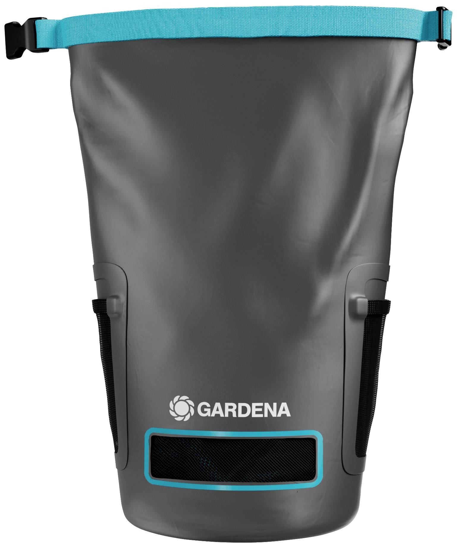 Eine graue Gardena-Gartentasche mit blauem Rand, Netzfächern und einem Tragegriff oben. Ideal für den Transport von Gartenwerkzeugen.