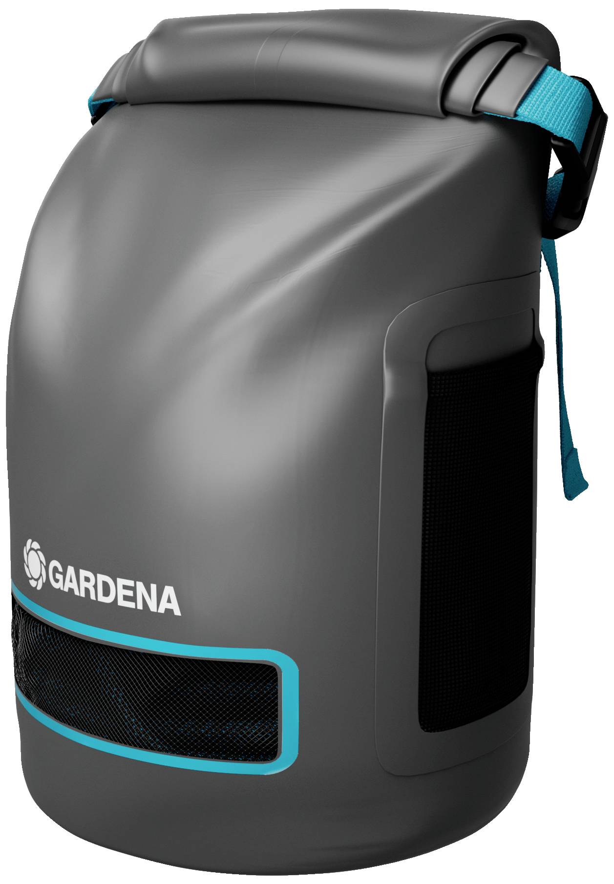Wasserdichter, grauer Gardena Rucksack mit blauen Akzenten, geeignet für Outdoor-Aktivitäten. Zeigt Logo und seitliche Netztasche.