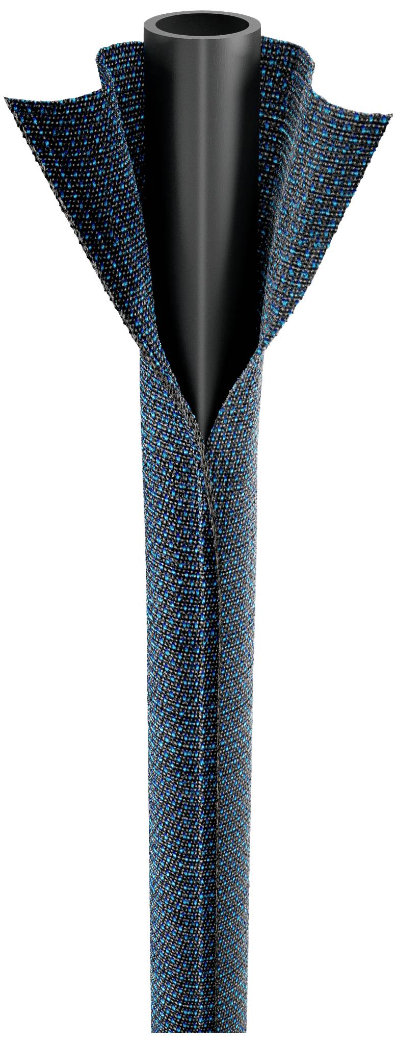 Ein schwarzes Rohr, umhüllt von einem gewebten, blau-schwarzen Schlauch. Der Schlauch ist offen, um das Rohr teilweise freizulegen.