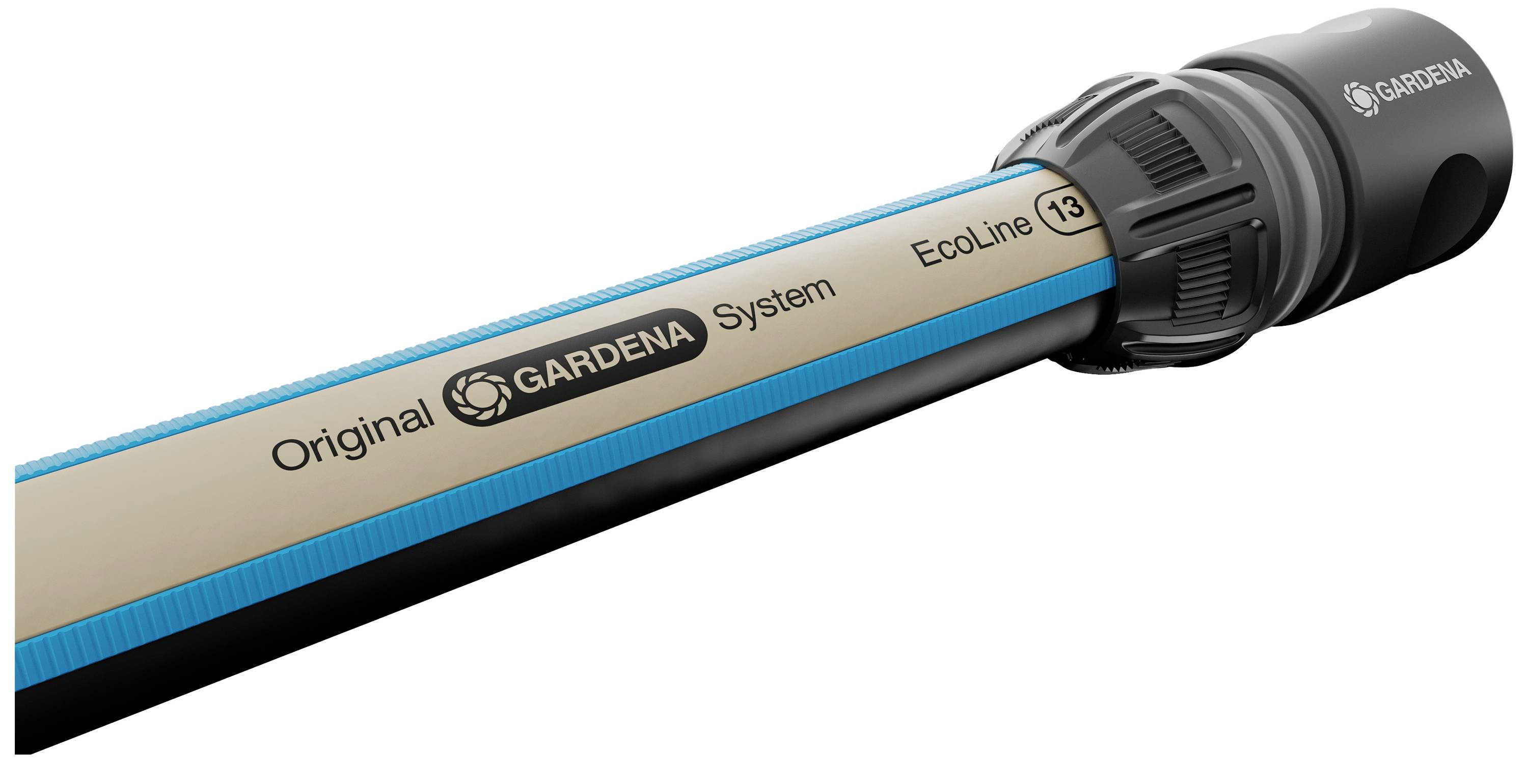 Gartenschlauch mit Aufschrift 'Original Gardena System EcoLine 13', beige mit blauen und schwarzen Streifen, schwarzer Anschluss.