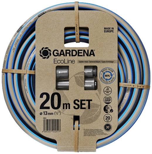 Gartenschlauch-Set von Gardena mit 20 Metern Länge und 13 mm Durchmesser, umweltfreundlich und aus recyceltem Kunststoff hergestellt.