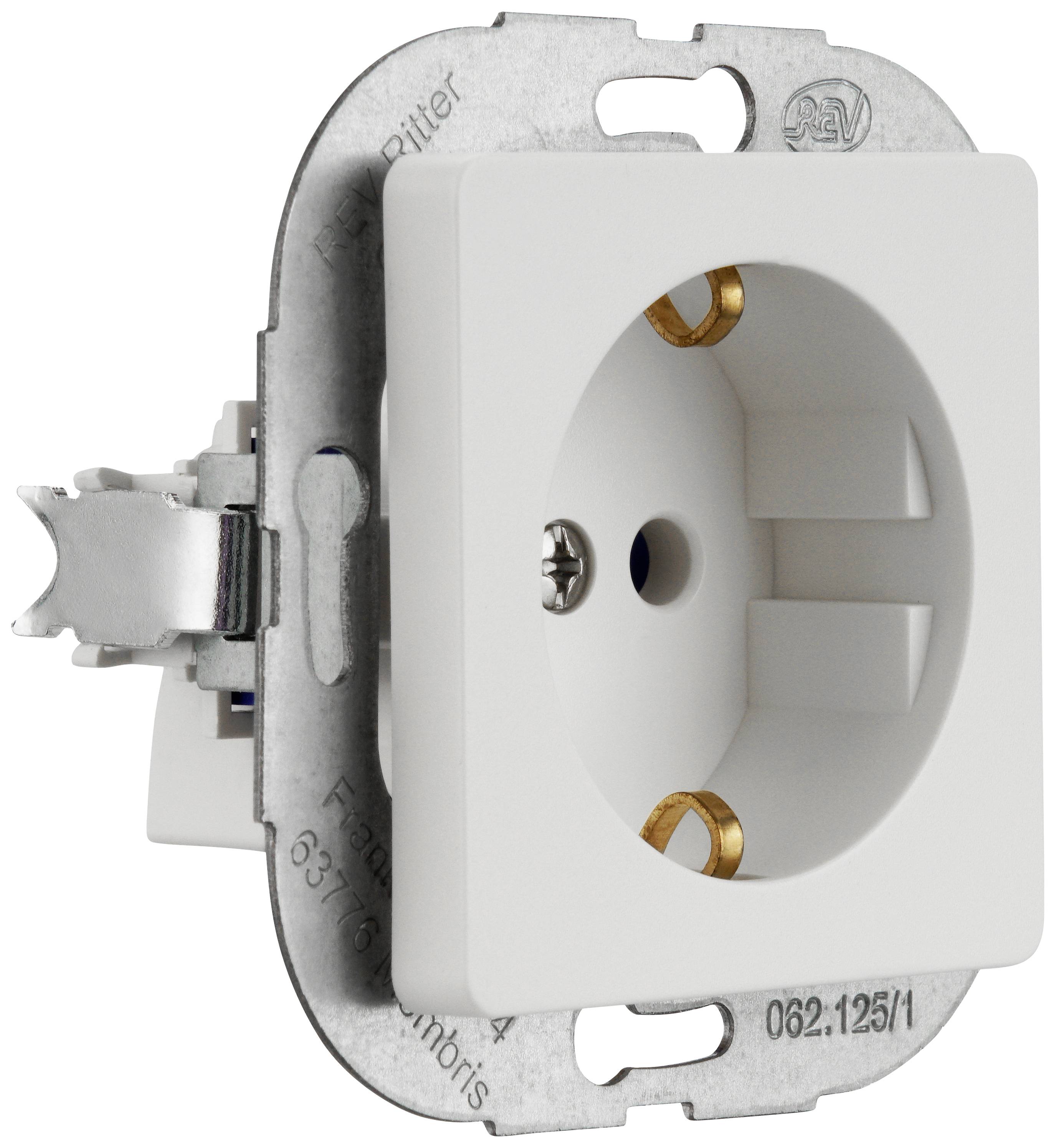 Eine weiße Steckdose in einem Metallrahmen, seitlich gezeigt, mit sichtbaren Schraubenlöchern zur Montage.