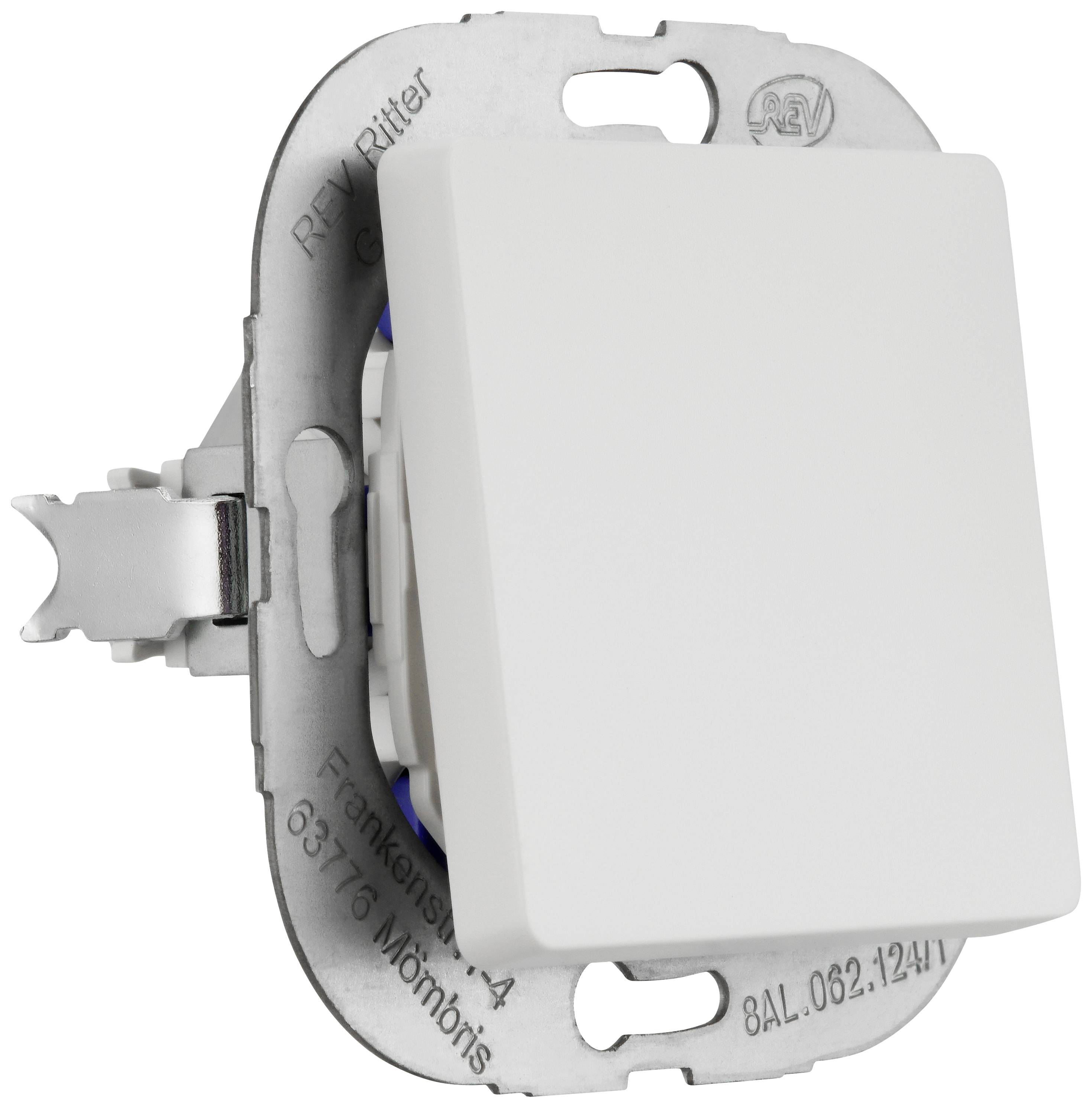 Lichtschalter mit rechteckiger weißer Blende in metallischer Halterung, geeignet für Unterputzmontage.