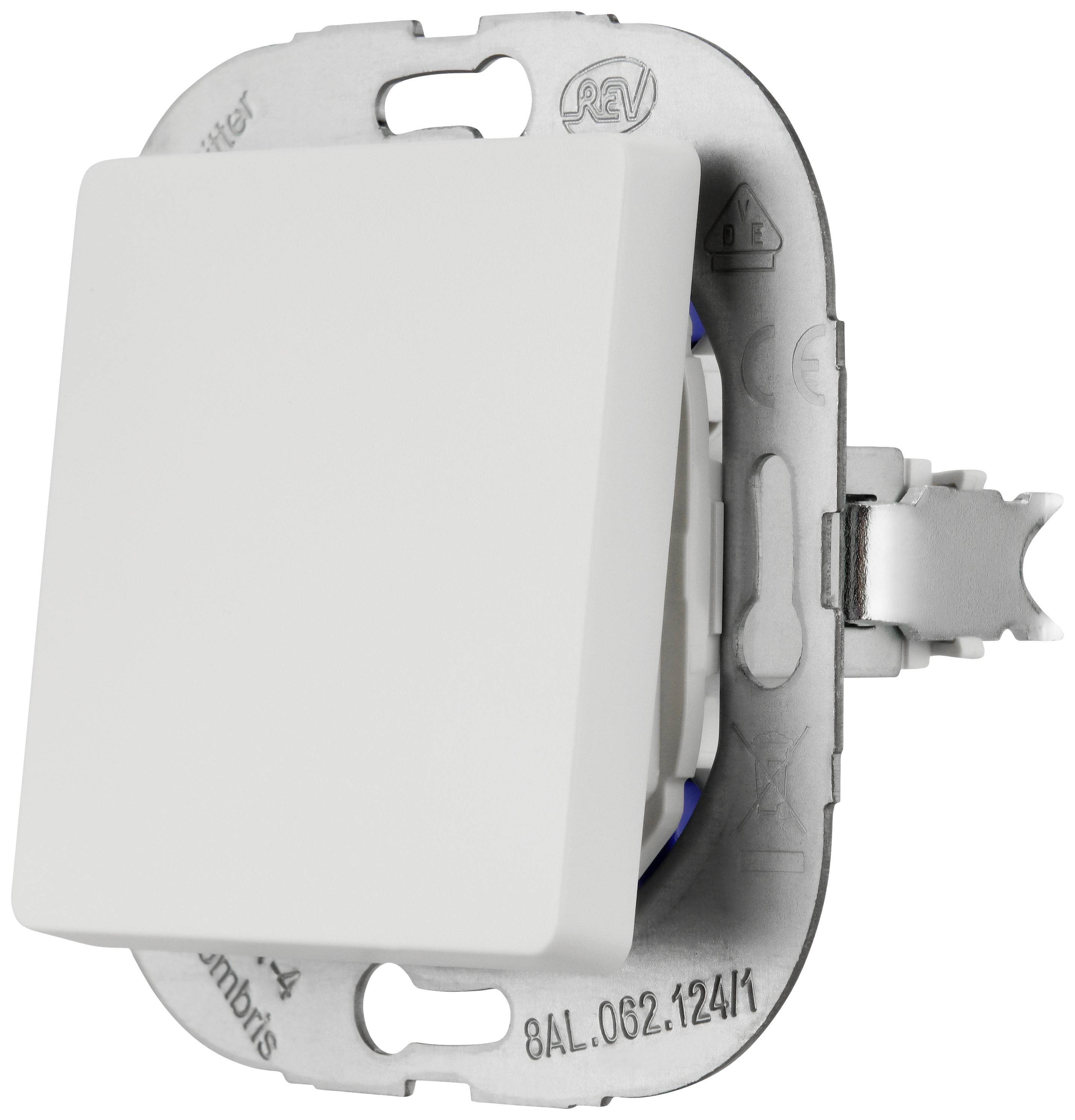 Lichtschalter, vermutlich aus Kunststoff, montiert auf einer Metallhalterung. Geeignet zur Wandinstallation.