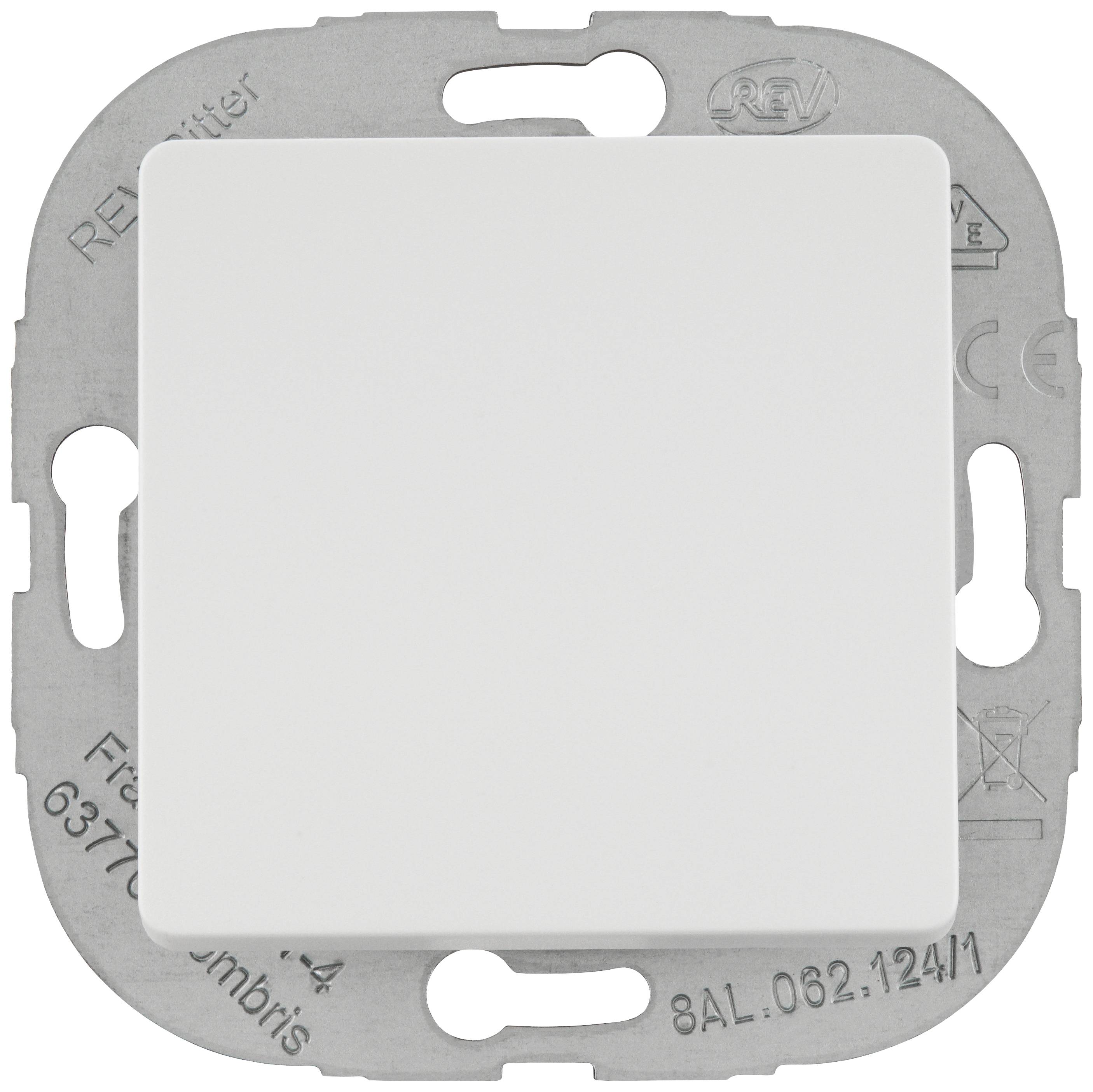 Ein quadratischer Lichtschalter mit einer weißen, glatten Oberfläche, montiert in einer silbernen Metallplatte mit abgerundeten Ecken.