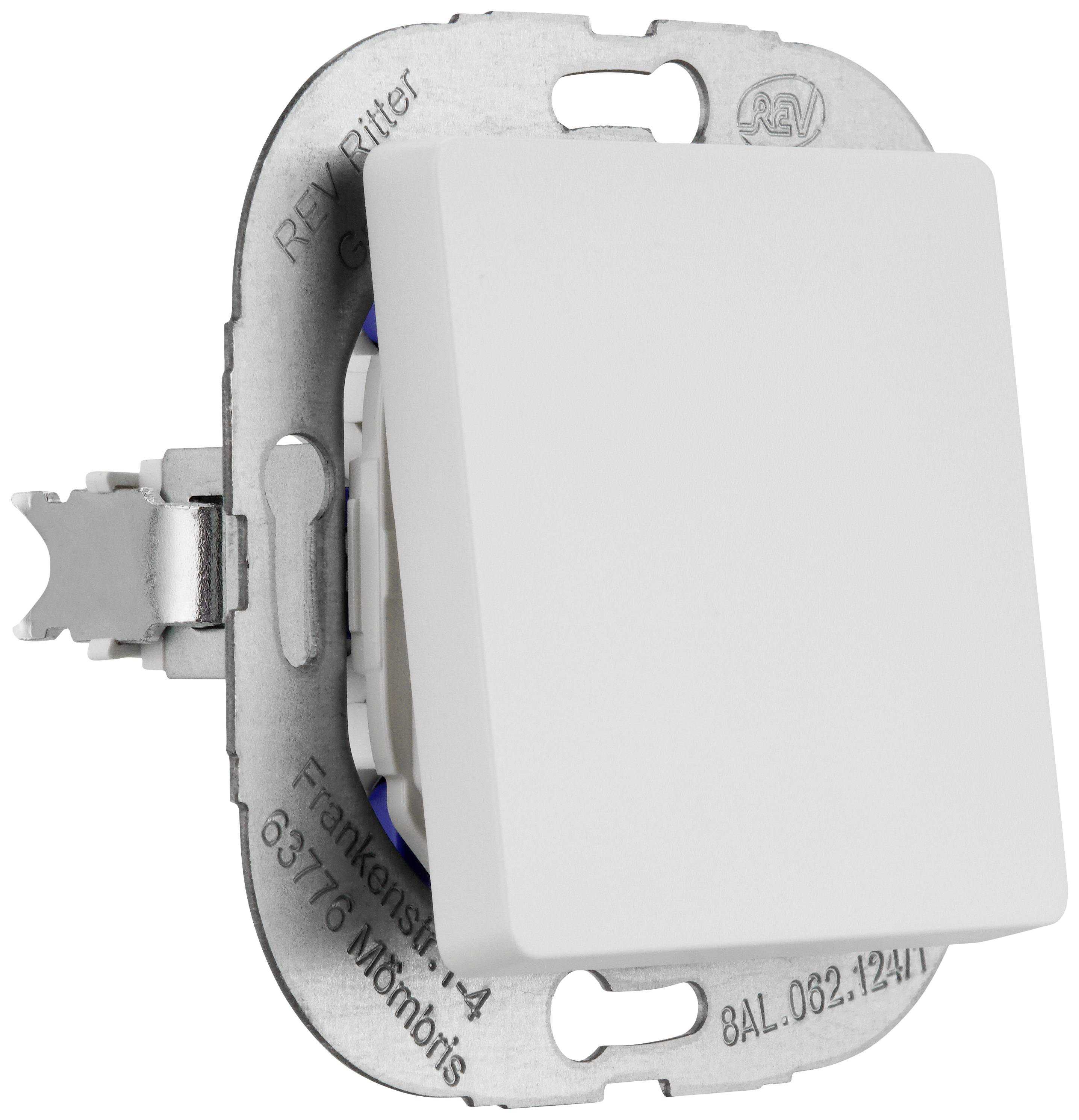 Ein weißer Lichtschalter zur Unterputzmontage, montiert auf einer Metallplatte, bereit für die Installation in der Wand.