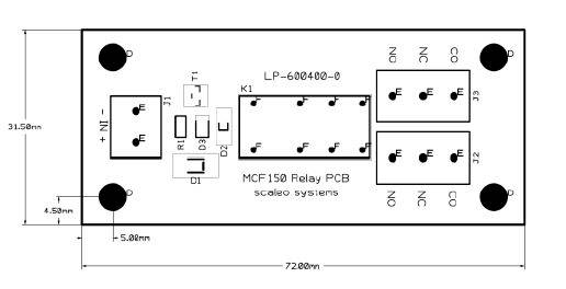 Ein Schaltplan einer Relais-Platine. Oben ist 'LP-600400-0' beschriftet. Unten steht 'MCF150 Relay PCB'. Maße: 72,00 mm x 31,58 mm.