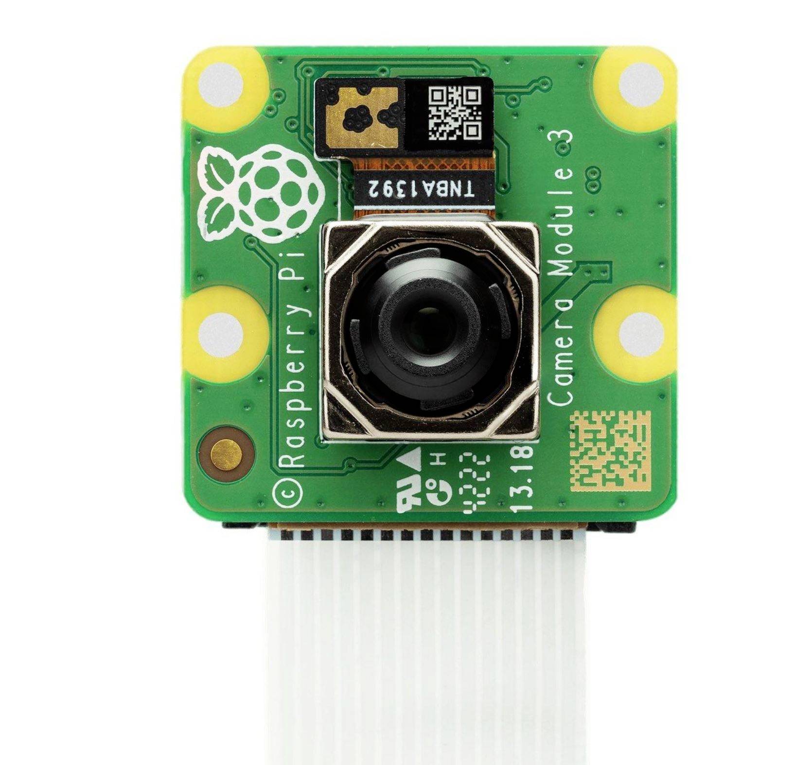 Raspberry Pi Kamera-Modul mit grünem Schaltkreis, Linse in der Mitte und weißem Flachbandkabel unten.