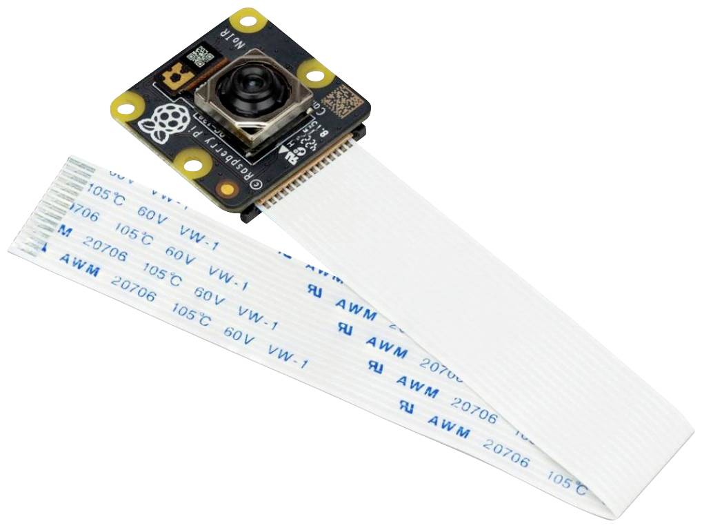 Kamera-Modul mit Flachbandkabel, geeignet für Raspberry Pi-Projekte, zeigt vordere Linse und Anschlüsse.