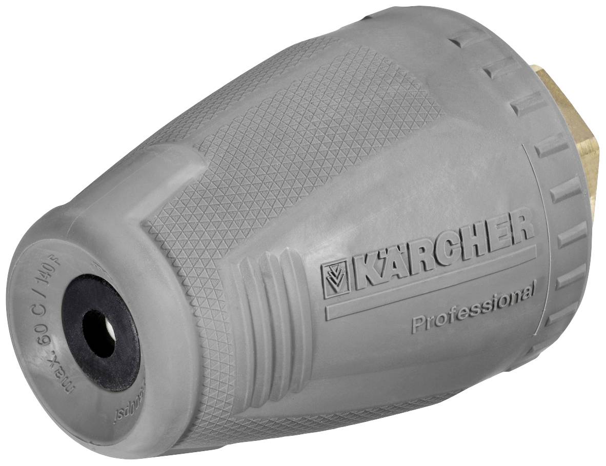 Graue Kärcher-Düsenkappe mit der Aufschrift 'Professional', verwendet für Hochdruckreiniger, starker Kunststoff, platzsparendes Design.