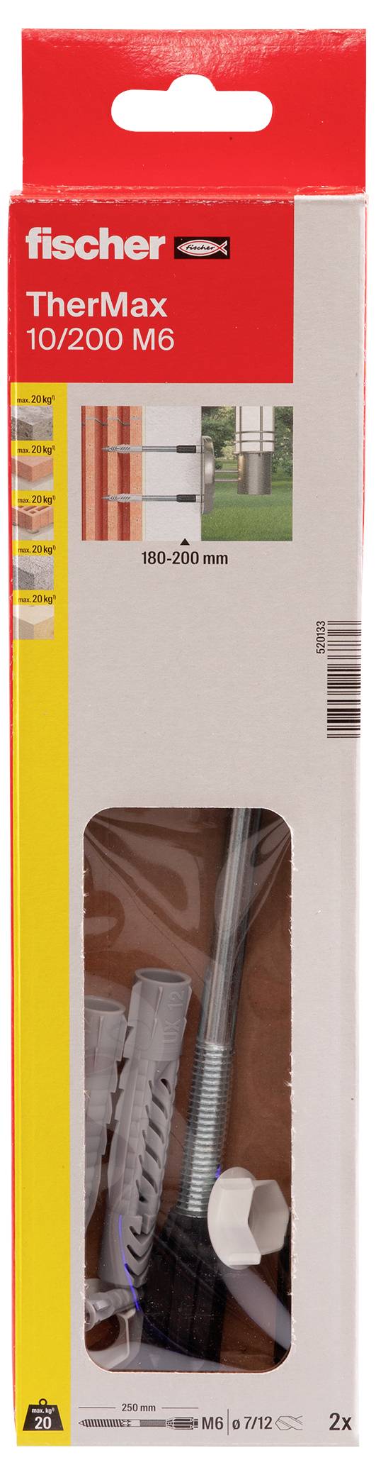 Verpackung von 'fischer TherMax 10/200 M6' mit Bild eines montierten Dübelsystems und zwei enthaltenen Sets. Geeignet für Fassadendämmung.
