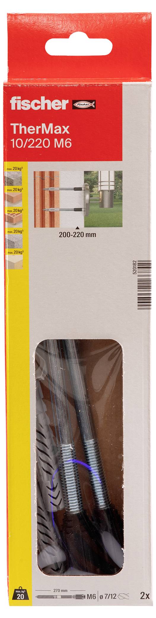 Verpackung von Fischer TherMax 10/220 M6, zeigt Isolationsdübel für befestigte Fassaden, Maße 200-220 mm.