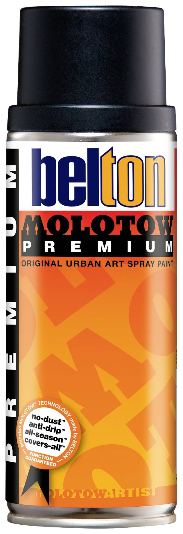 Spraydose von Belton Molotow Premium Urban Art; orangefarbenes Etikett mit Schriftzügen und Markenlogo, geeignet für Graffiti.
