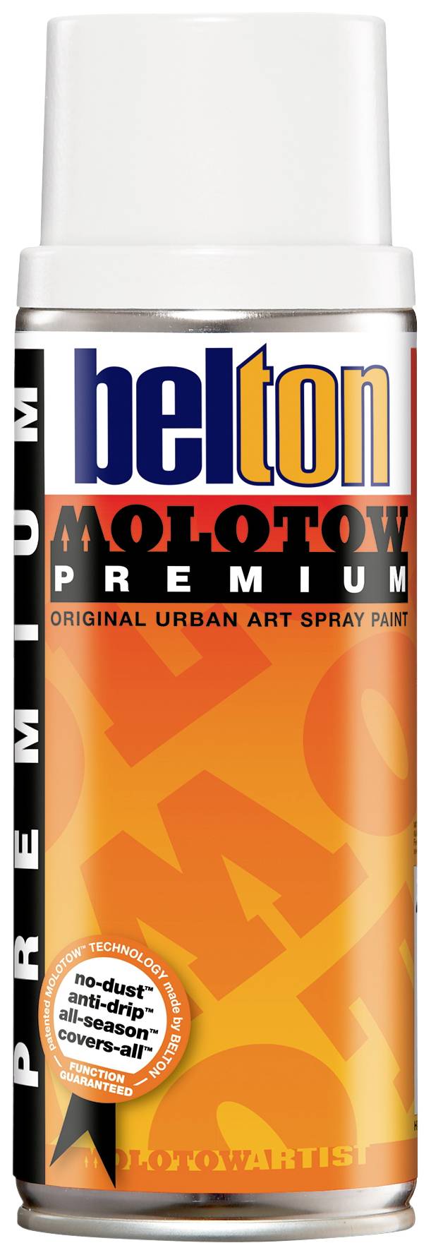 Eine Sprühdose mit der Aufschrift 'belton MOLOTOW PREMIUM', geeignet für urbane Kunst. Die Dose ist orange-weiß und hat ein modernes Design.