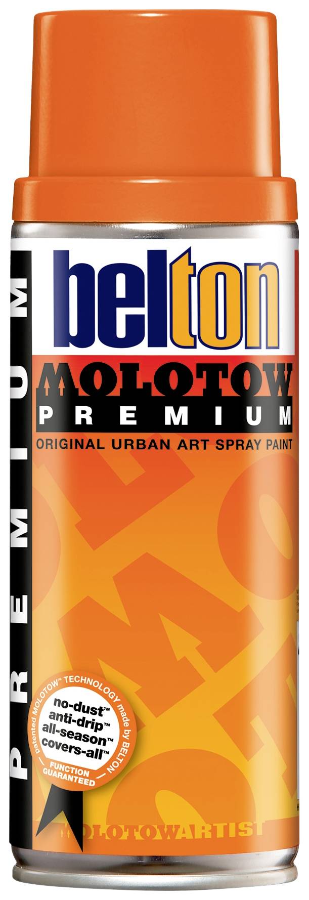 Sprühlackdose 'Molotow Premium' mit orangefarbenem Deckel und urbanem Graffiti-Design auf der Verpackung.