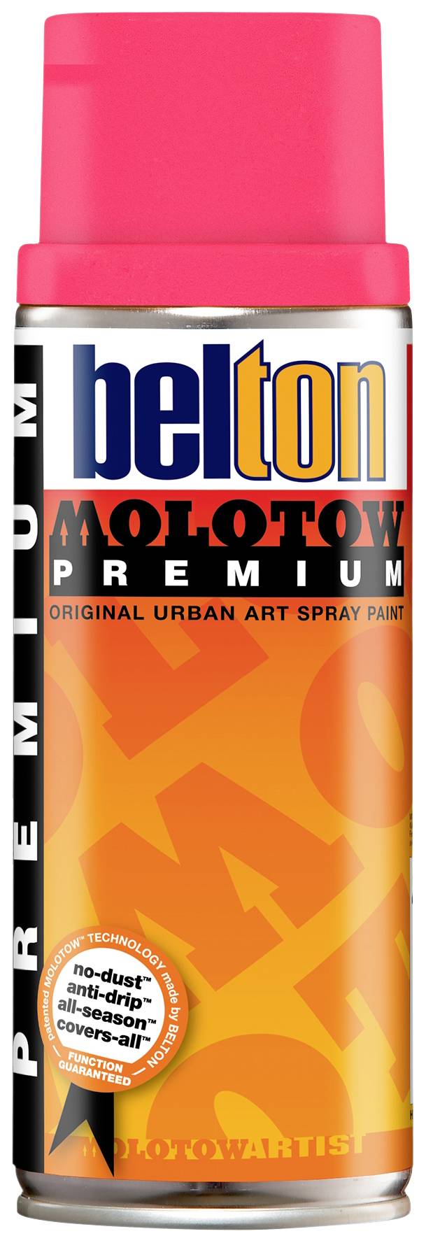 Spraydose mit der Aufschrift 'belton molotow premium' für urbane Kunst. Leuchtend pinkfarbener Deckel und orangefarbener Hintergrund.