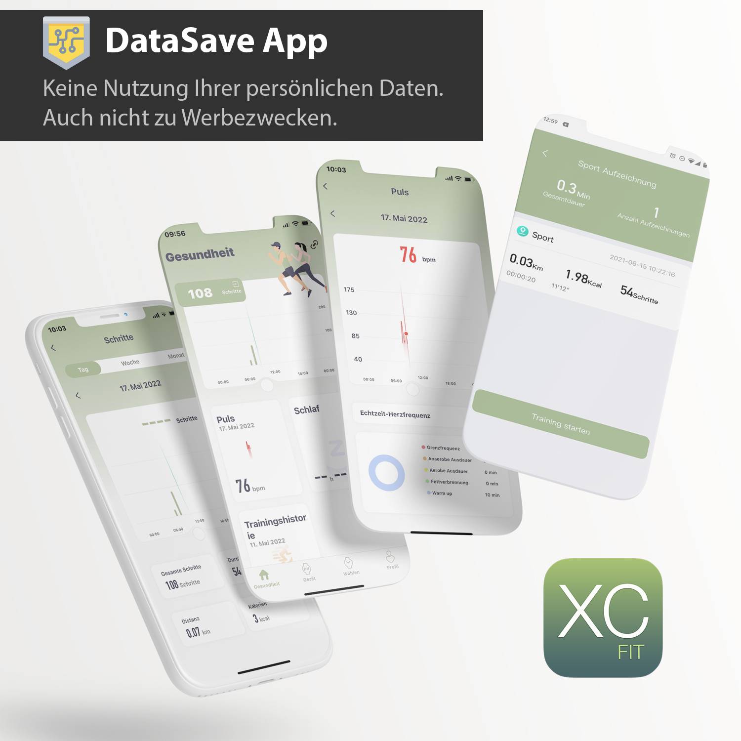 Darstellung der DataSave App mit Gesundheitsdaten, Trainingshistorie und Pulsüberwachung. Slogan: Keine Nutzung Ihrer persönlichen Daten.