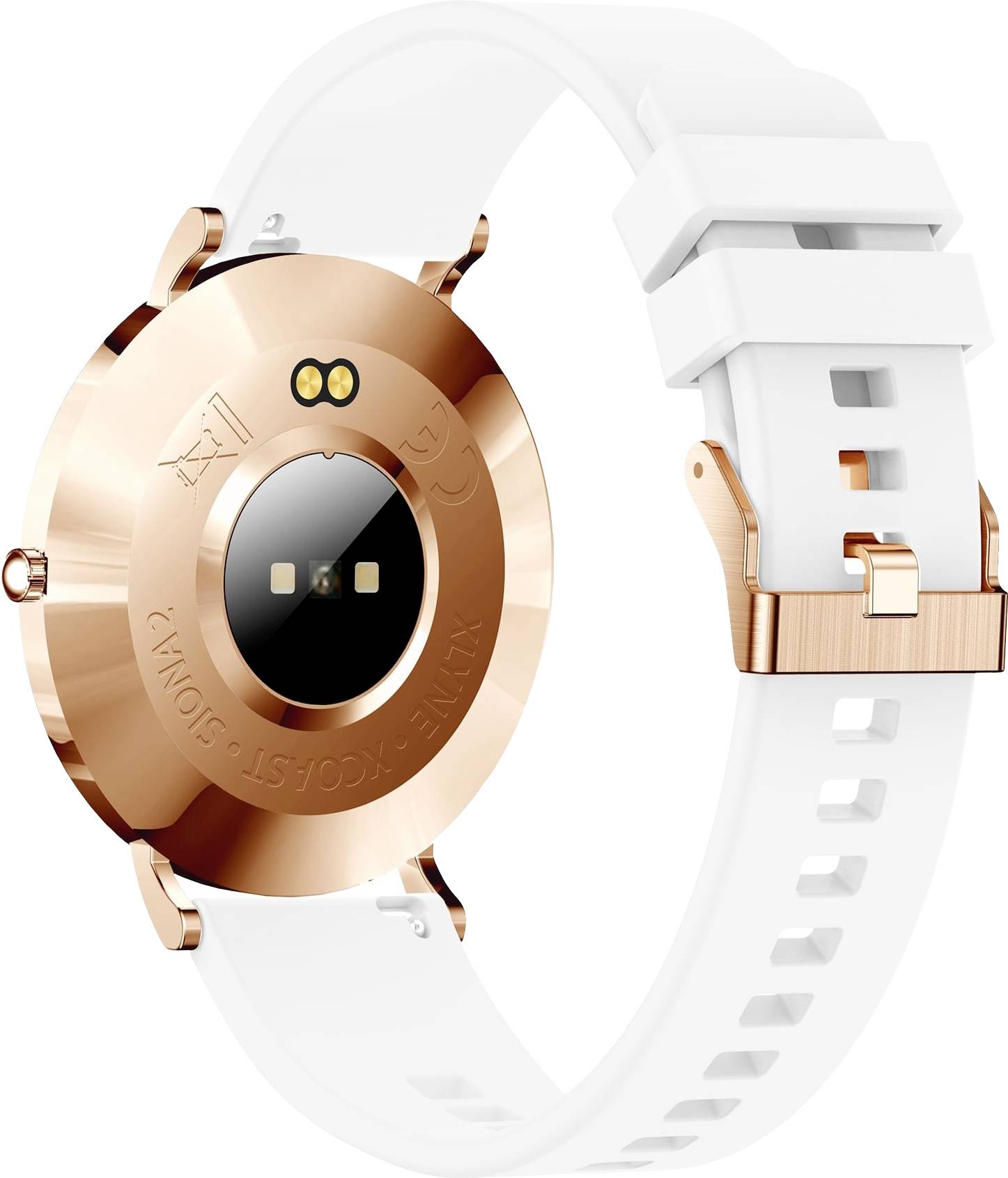 Rückseite einer Smartwatch mit goldfarbenem Gehäuse und weißem Armband. Sensors und Ladekontakte sichtbar.