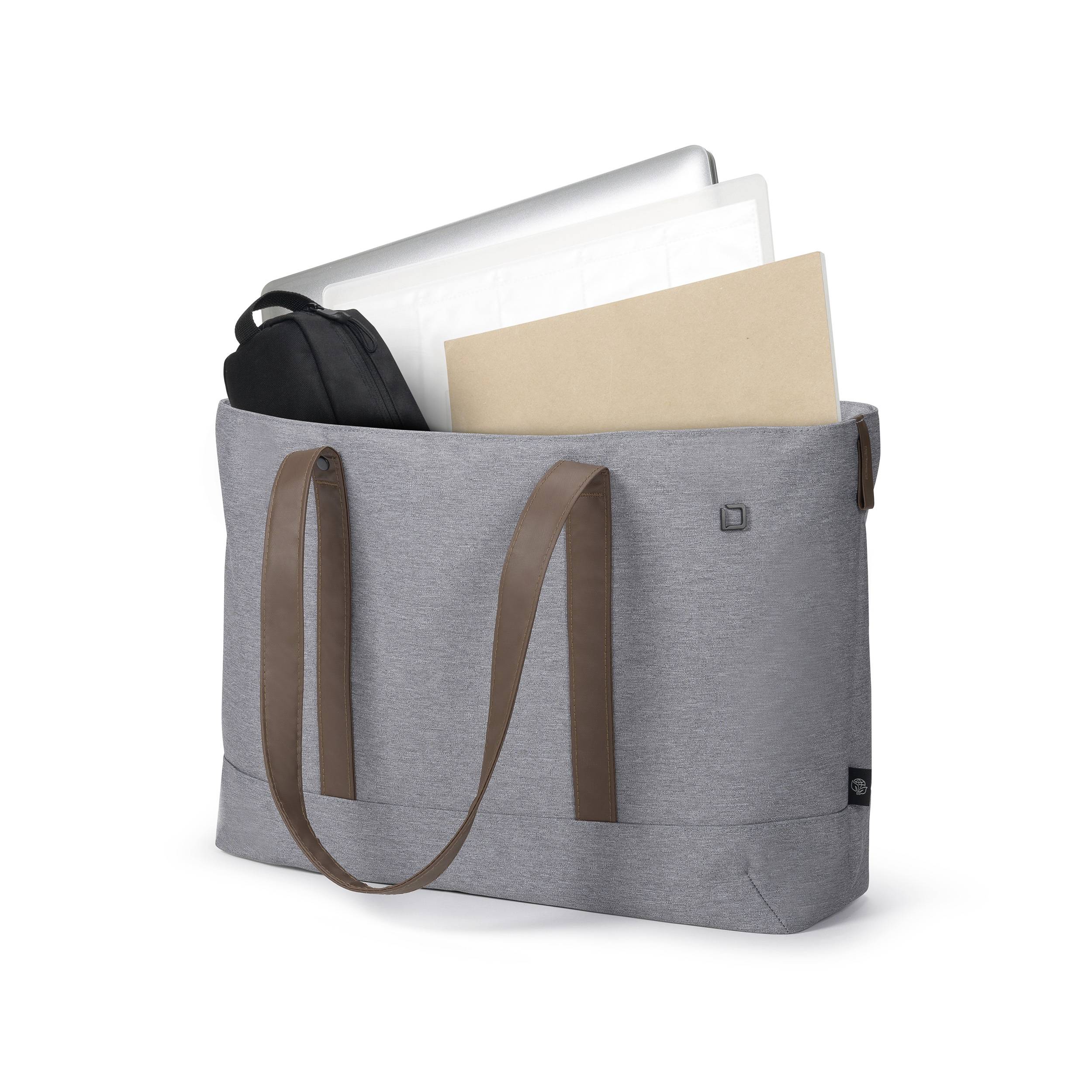 Graue Stofftasche mit braunen Trägern, die einen Laptop, eine schwarze Hülle und ein braunes Dokument hält.