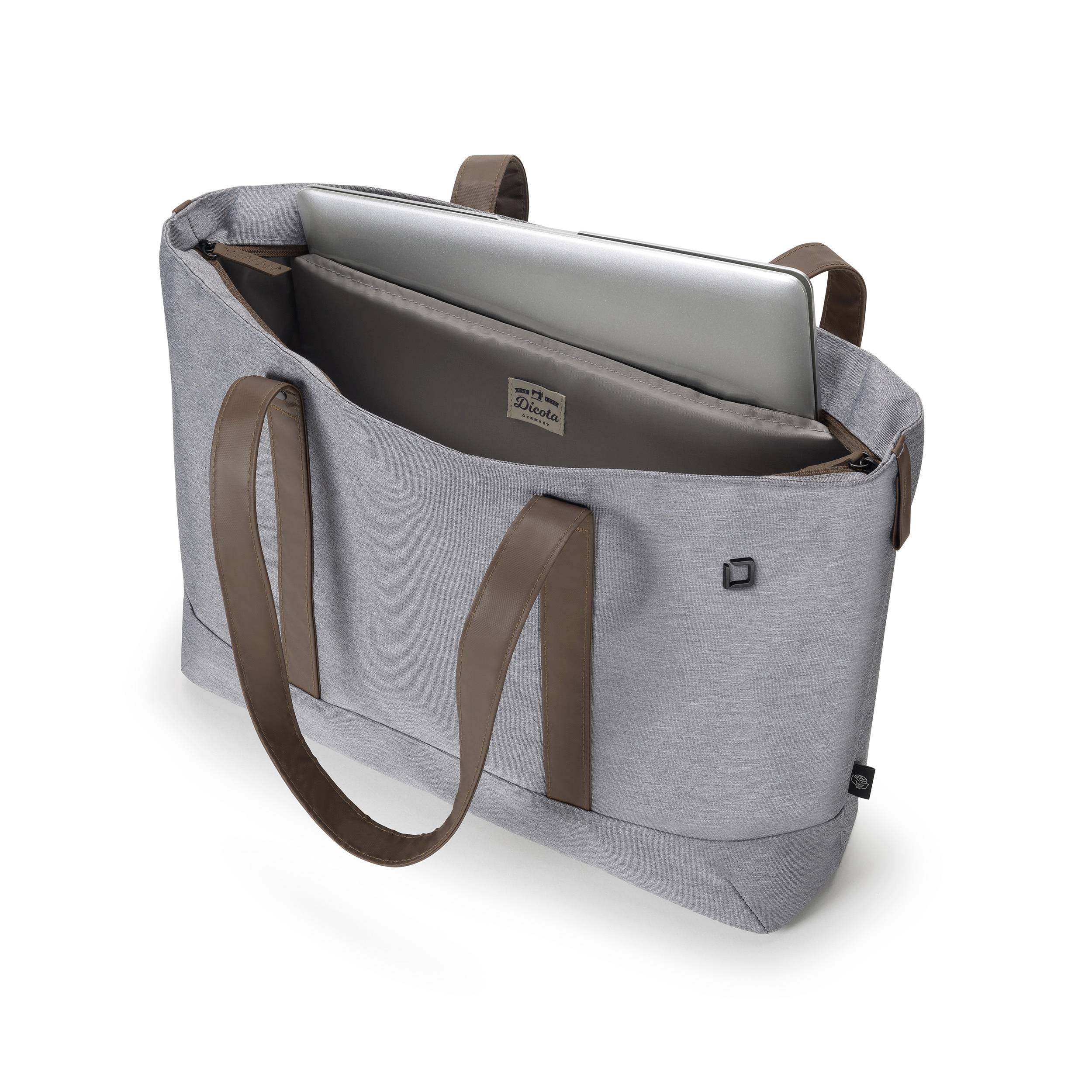 Graue Laptop-Tasche mit braunen Griffen, zeigt ein Notebook im Hauptfach. Taschenstruktur deutet auf mehrere Fächer hin.