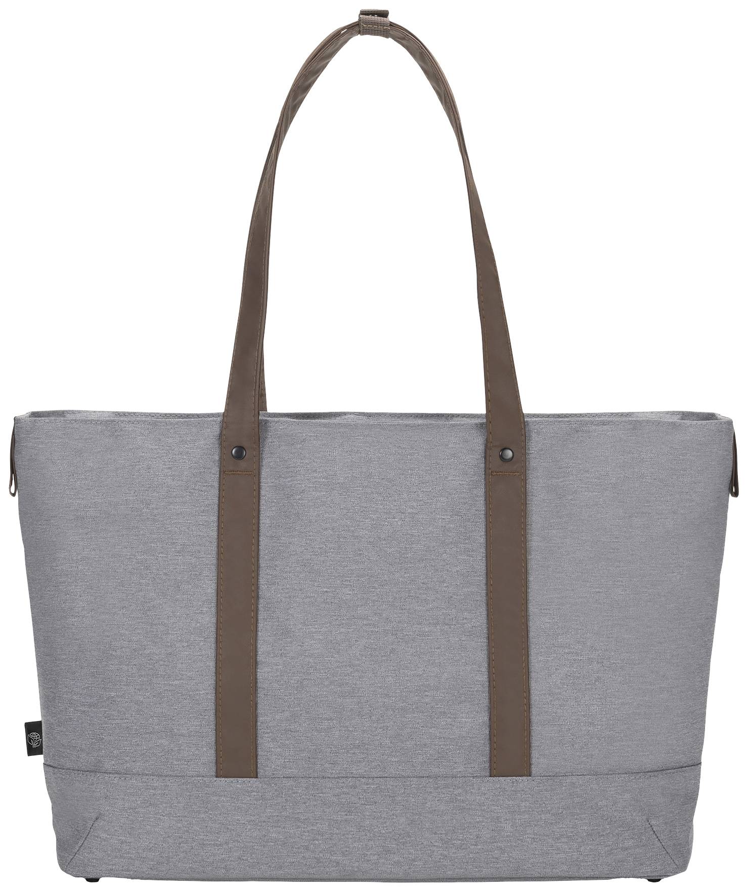 Eine graue Tragetasche mit braunen Griffen, geeignet für den täglichen Gebrauch oder Einkäufe.