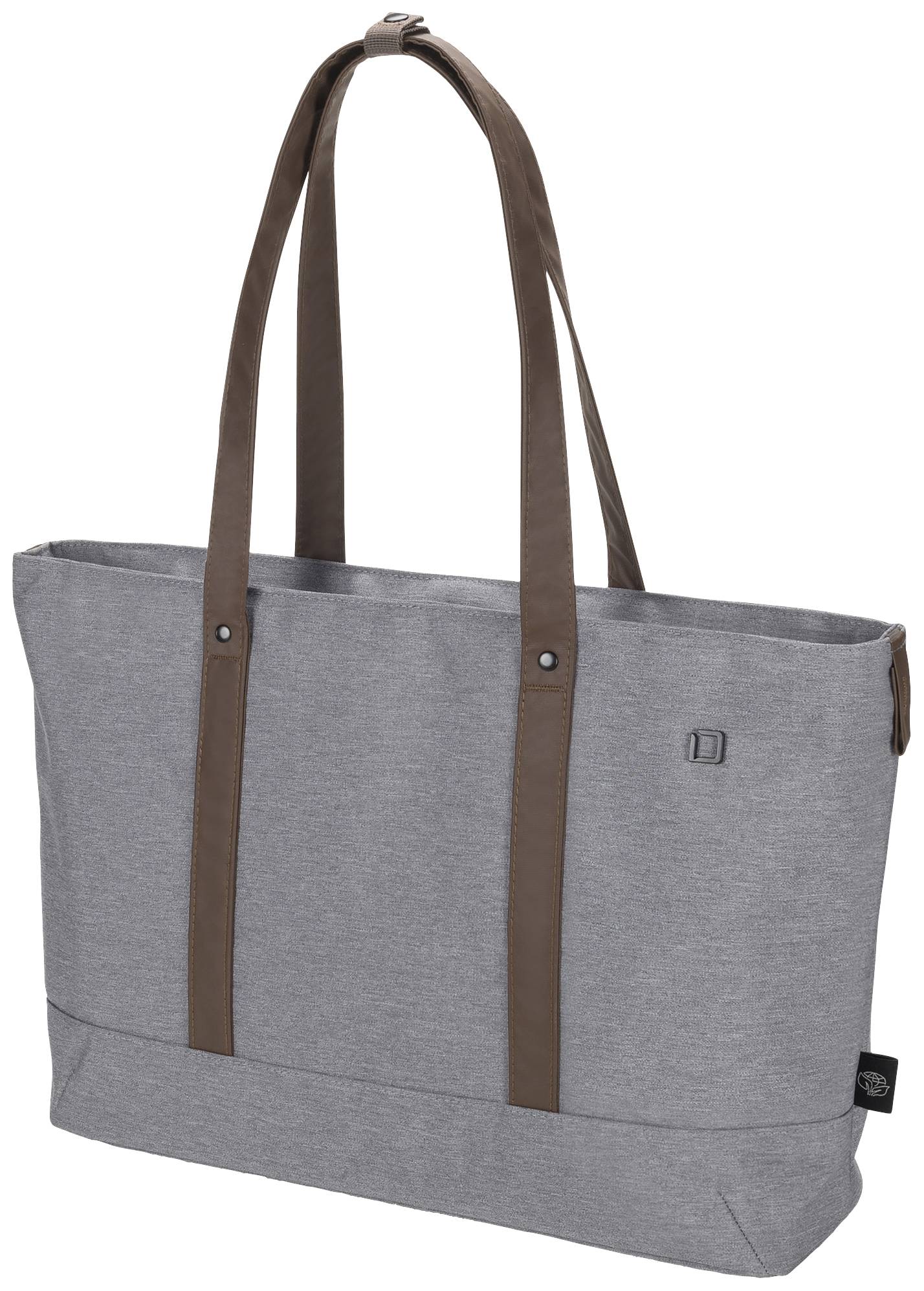 Graue Einkaufstasche mit braunen Riemen, geeignet für den täglichen Gebrauch.