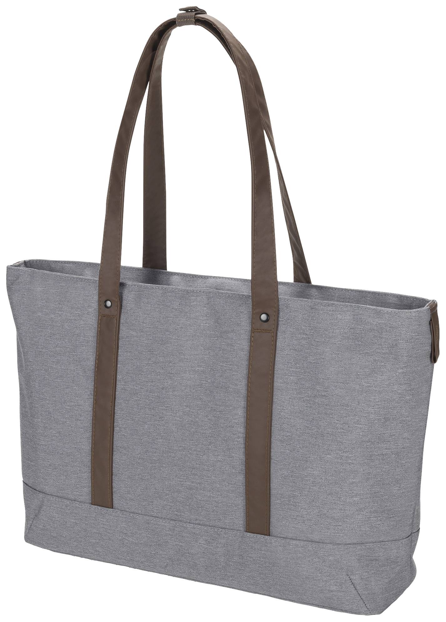 Große graue Tragetasche mit langen braunen Griffen, geeignet für Einkäufe oder alltägliche Nutzung.