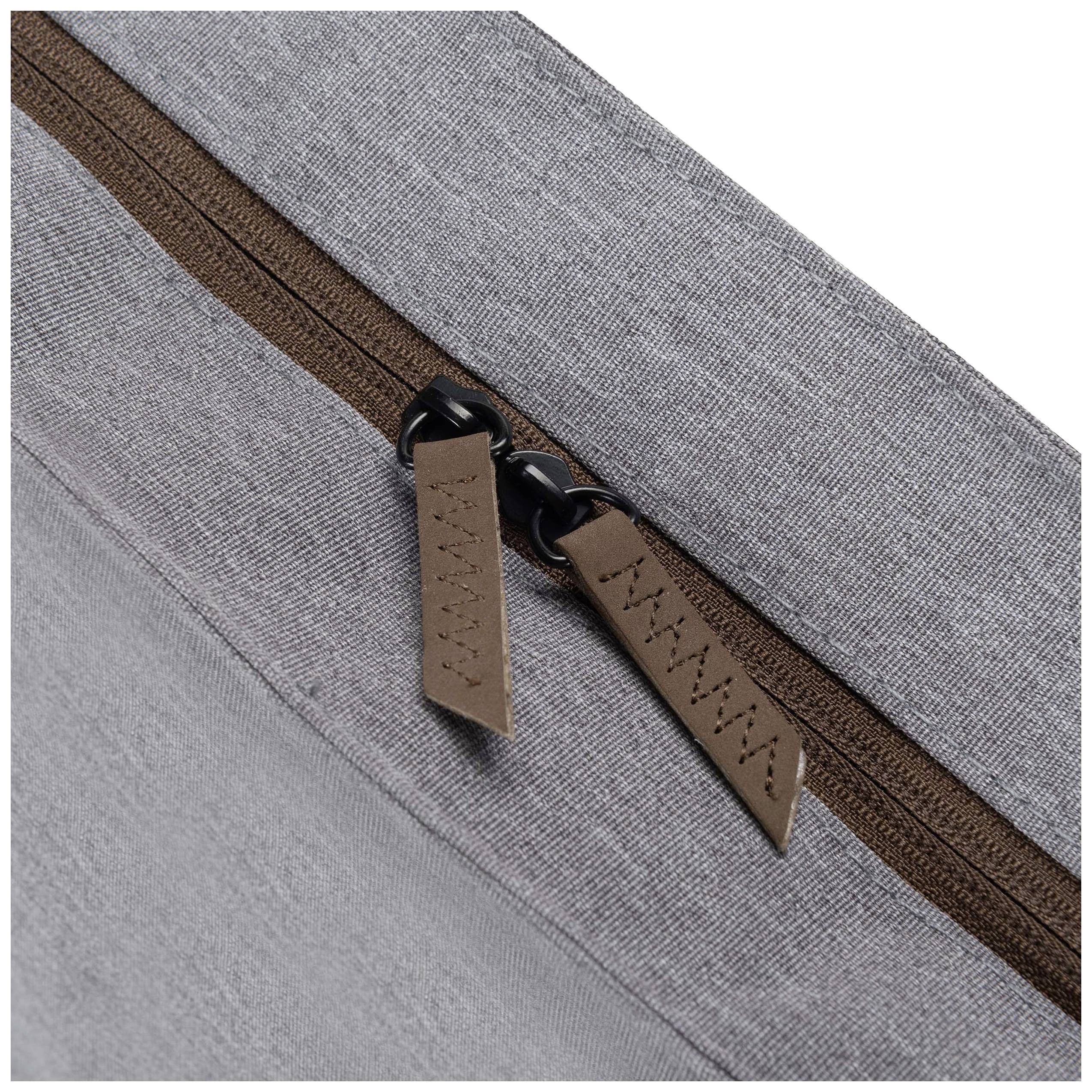 Reißverschluss einer grauen Tasche mit Lederschiebern.