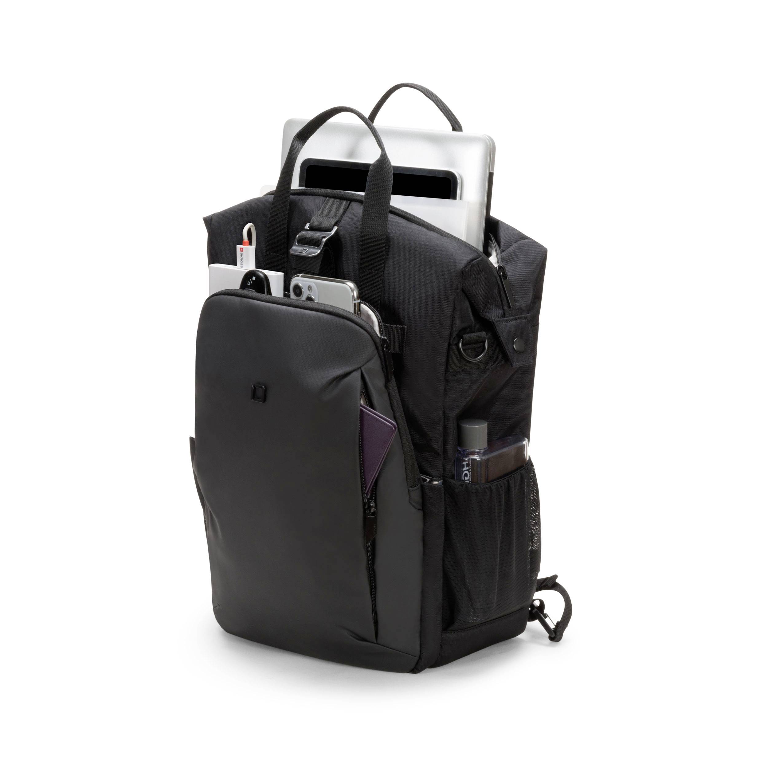 Schwarzer Rucksack mit offener Fronttasche, gefüllt mit Laptop, Tablet, Stiften, und Notizbuch, geeignet für den täglichen Gebrauch.