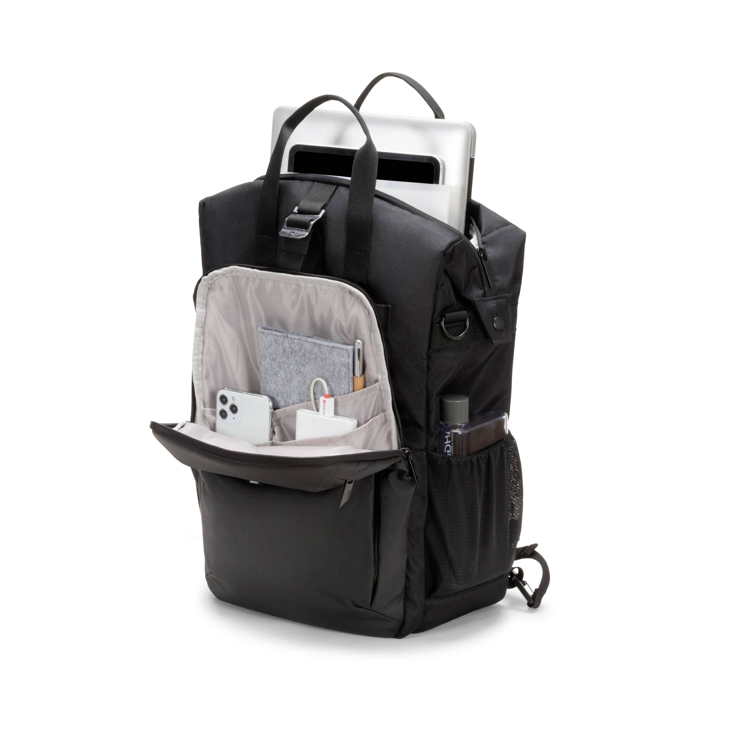 Ein schwarzer Rucksack ist geöffnet und zeigt einen Laptop, ein Smartphone und andere elektronische Geräte in organisierten Fächern.