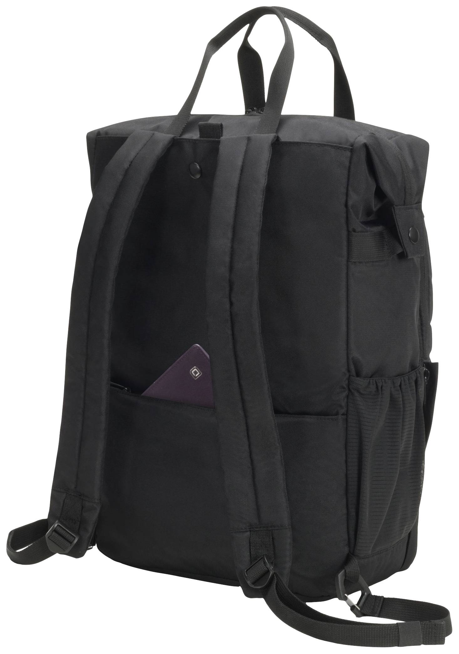 Ein schwarzer Rucksack mit zwei Trägern und mehreren Fächern, darunter eine Netztasche und ein kleines Fach mit einem Handy.
