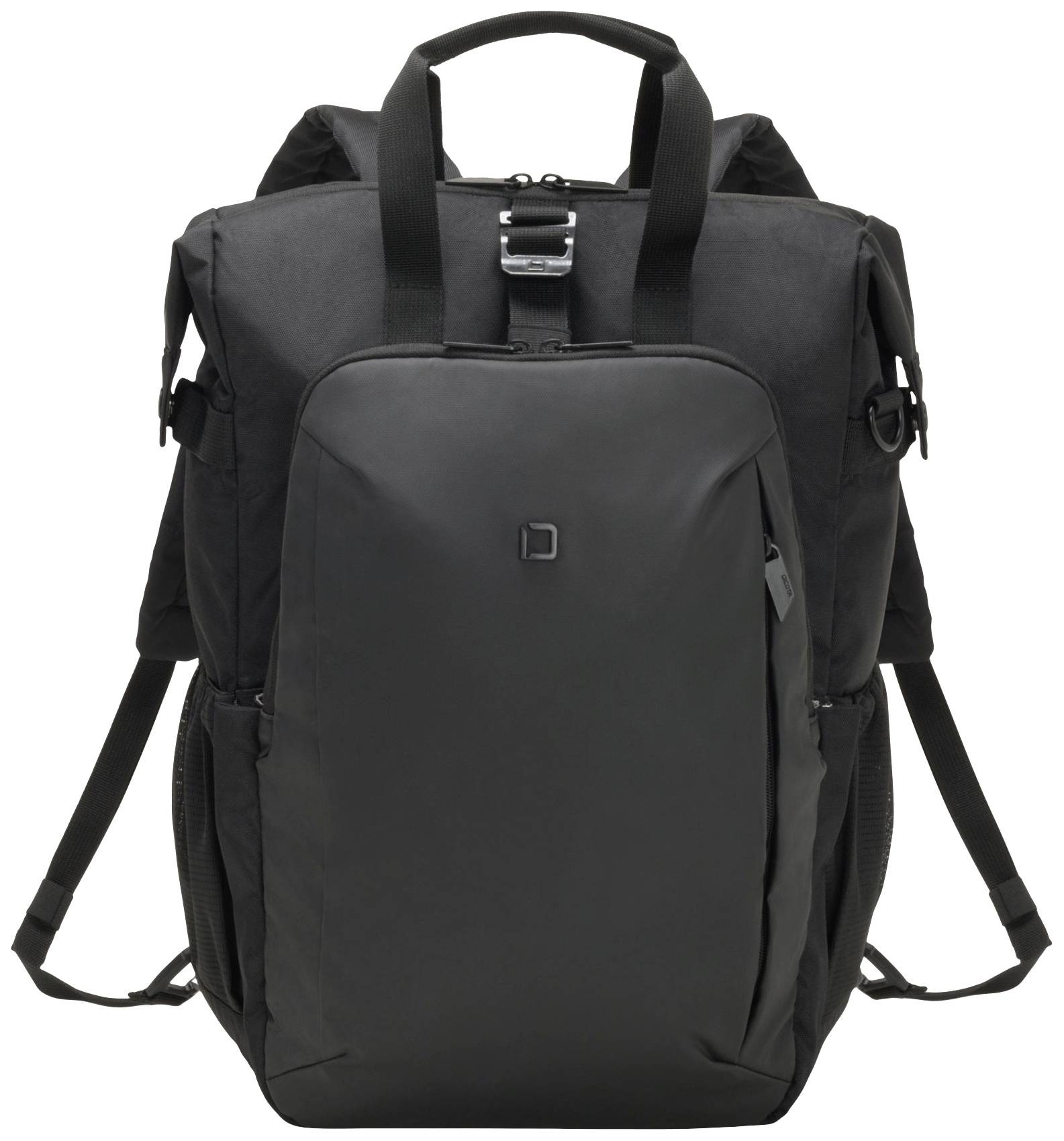 Schwarzer Rucksack mit mehreren Fächern, verstellbaren Trägern und Tragegriff, ideal für Reisen oder den täglichen Gebrauch.