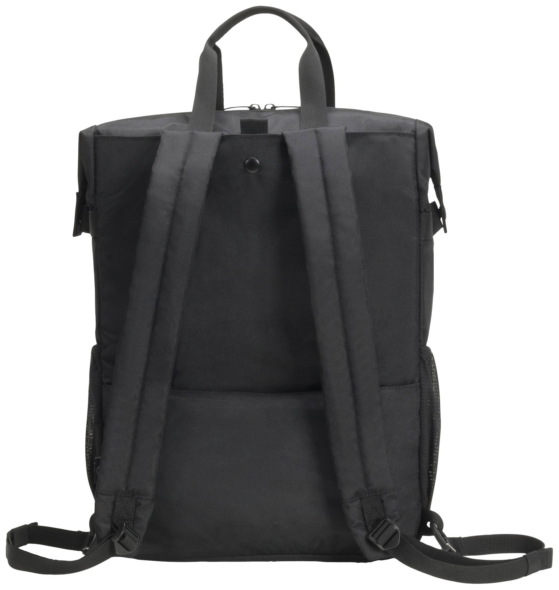 Ein schwarzer Rucksack mit zwei Schultergurten und einem oberen Tragegriff, von hinten gesehen. Ideal für den Alltag oder Reisen.