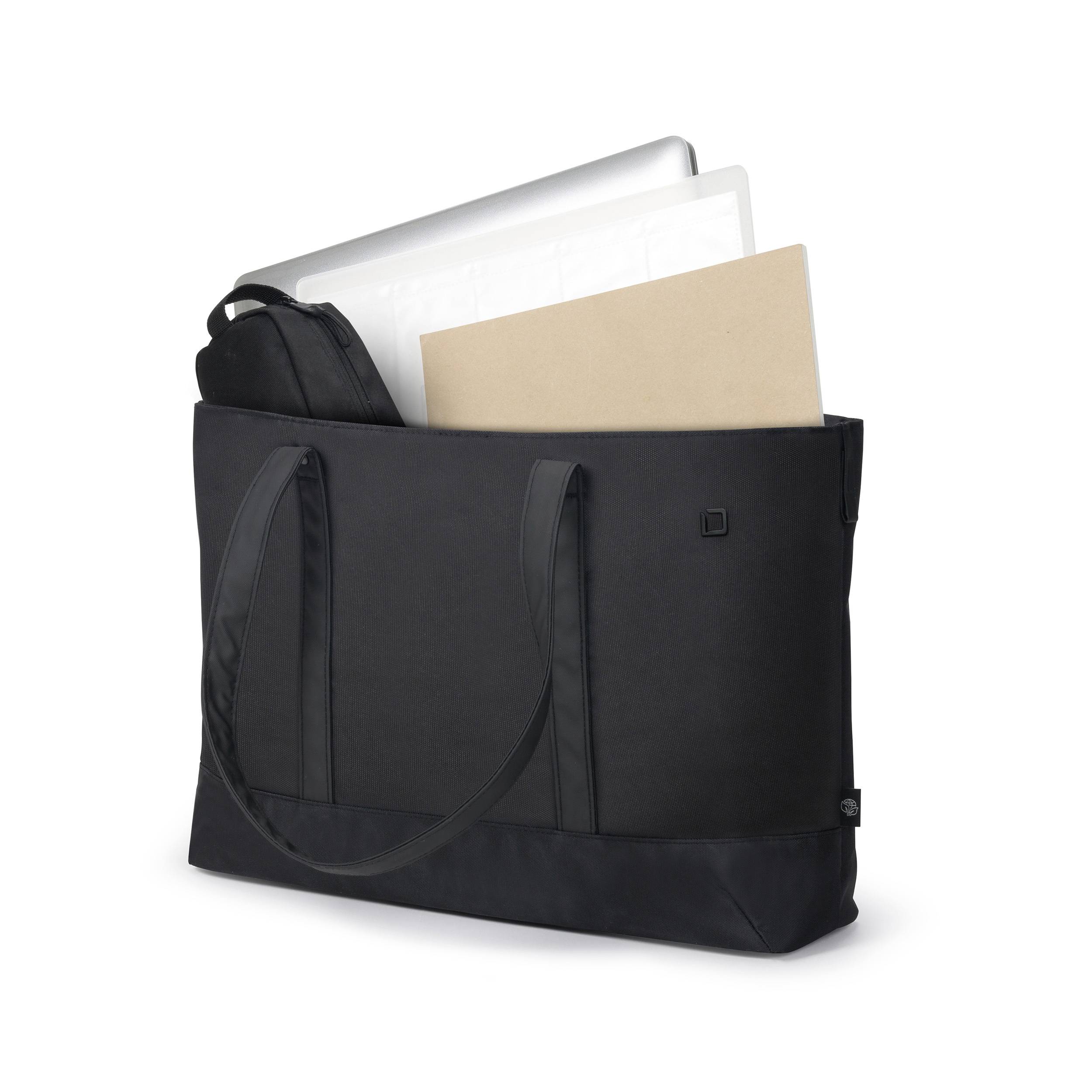 Schwarze Laptoptasche mit zwei langen Griffen, enthält Laptop und Ordner.