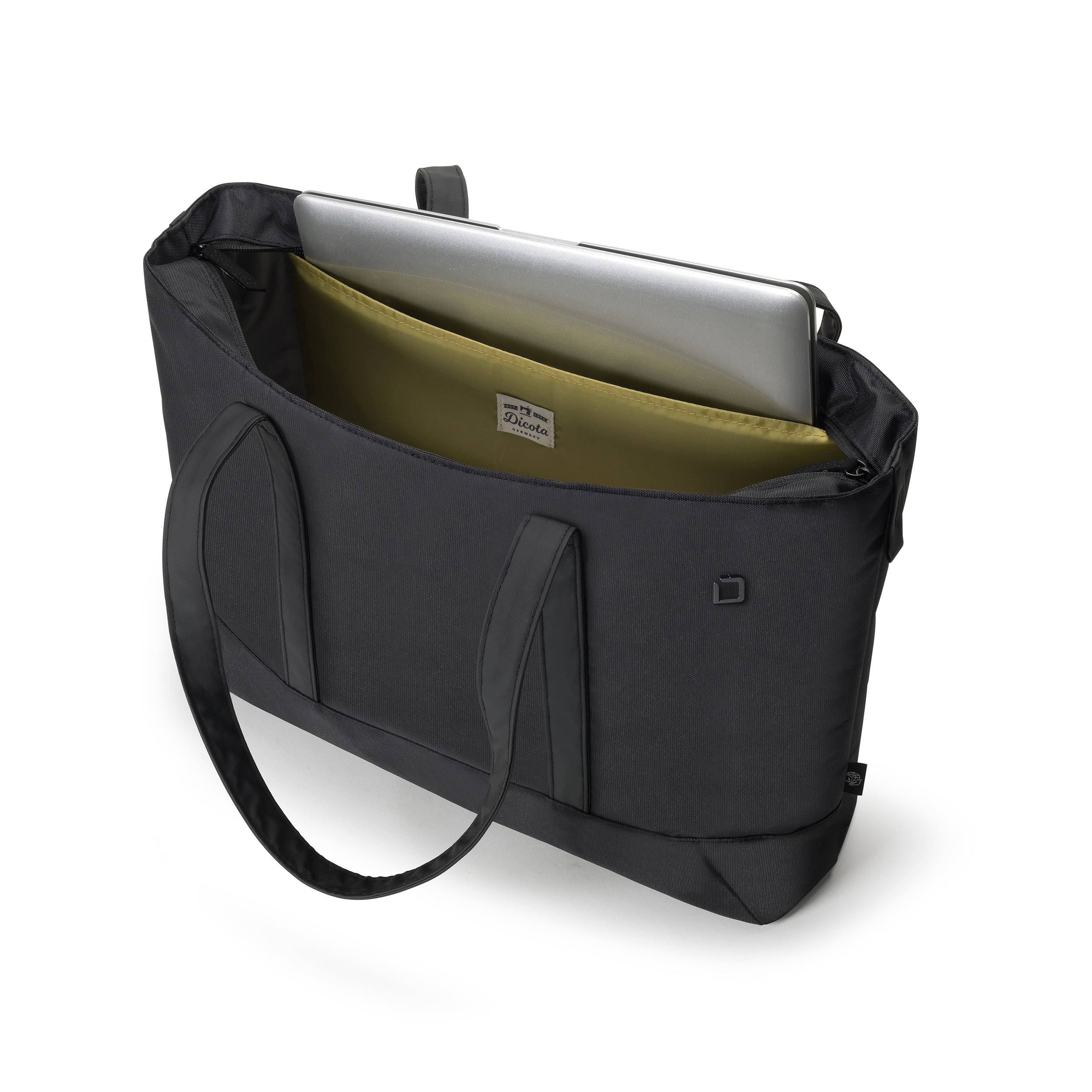 Eine schwarze Laptop-Tasche mit einem Laptop, der im Hauptfach steckt. Die Tasche hat zwei Tragegriffe und ist geöffnet.