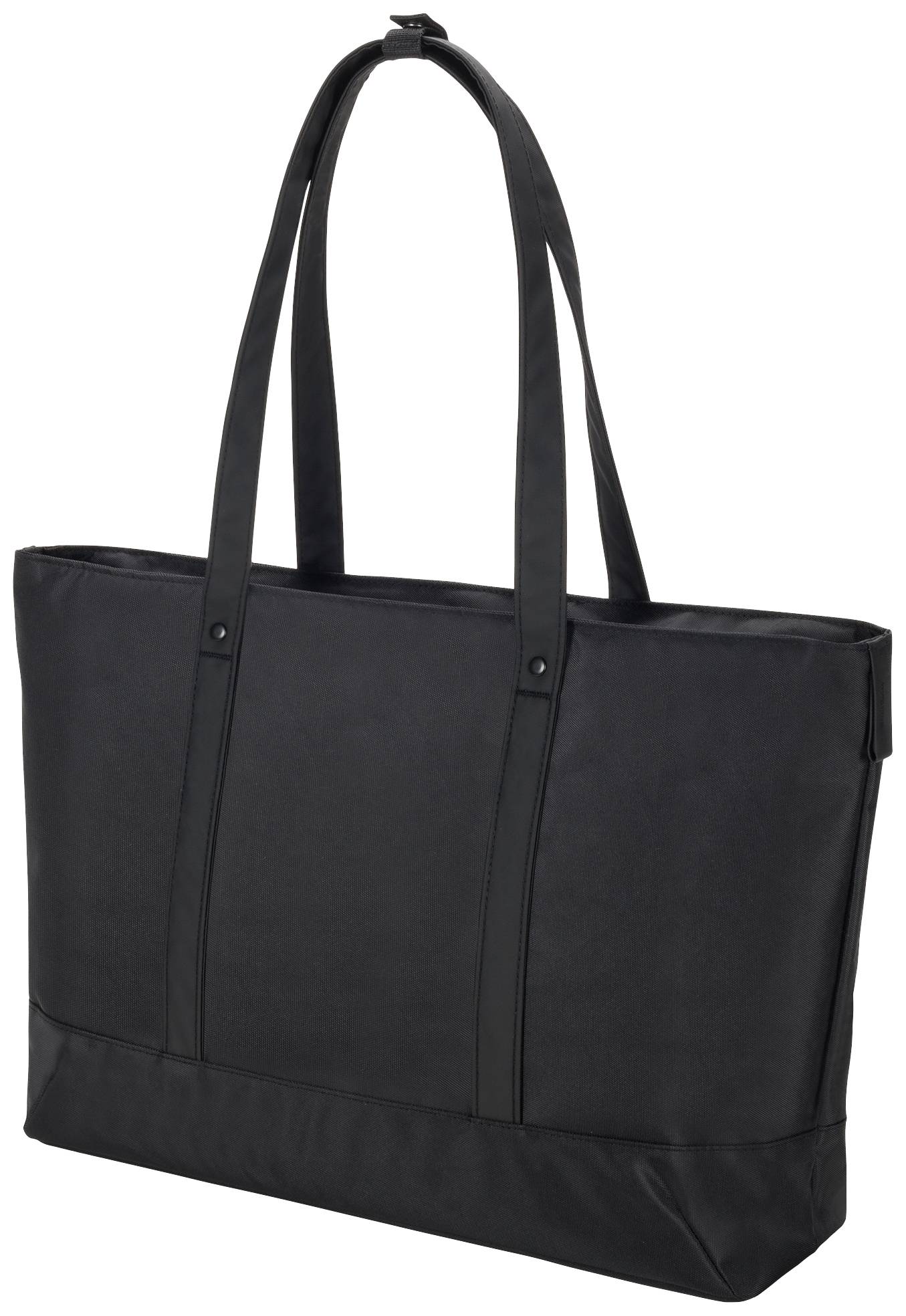 Schwarze Shopper-Tasche mit zwei langen Henkeln, stoffähnlichem Material; geeignet zum Einkaufen oder alltäglichen Gebrauch.