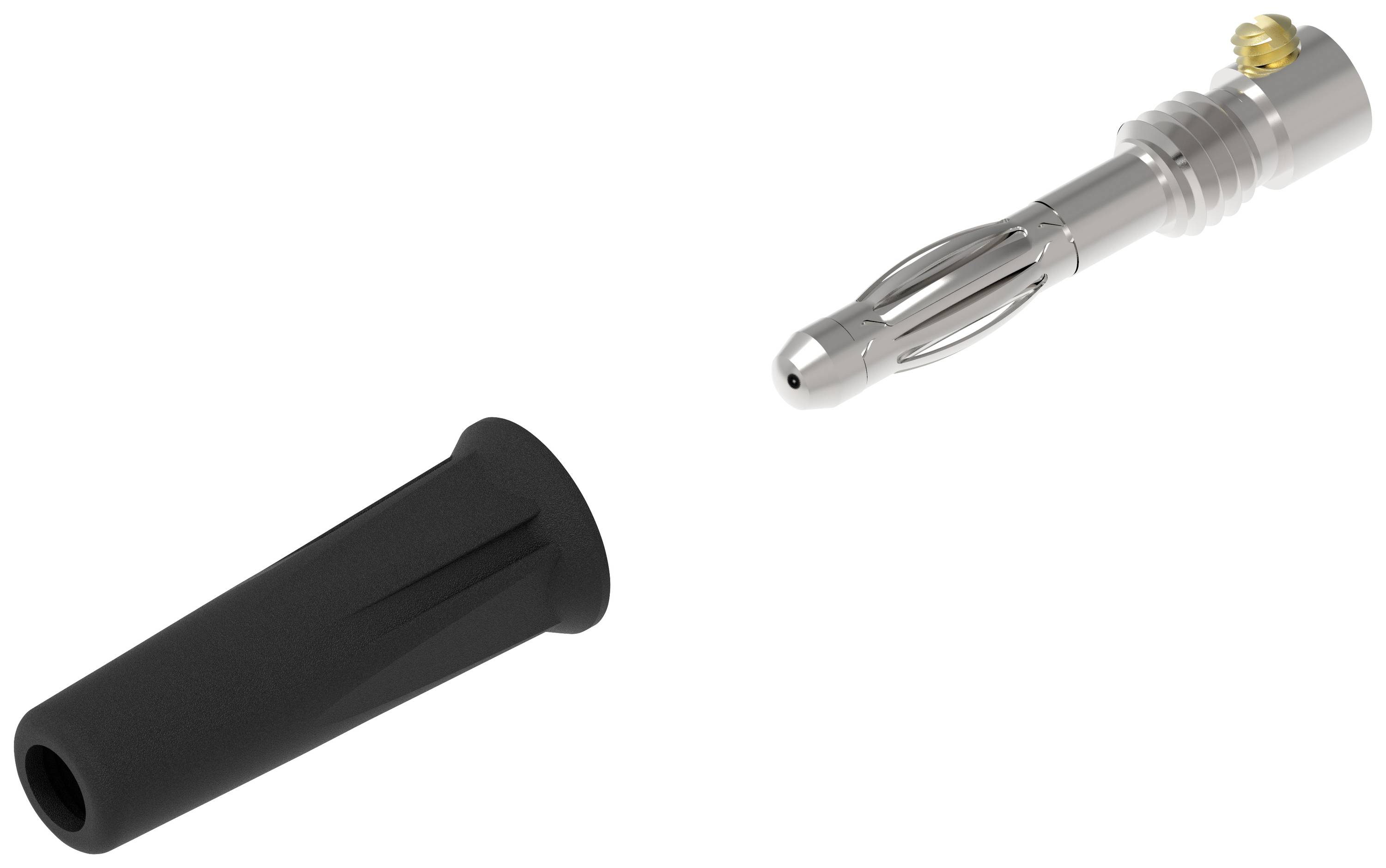 Metallischer Steckverbinder und schwarze Schutzhülle. Der Steckverbinder hat einen goldenen Kontaktstift.