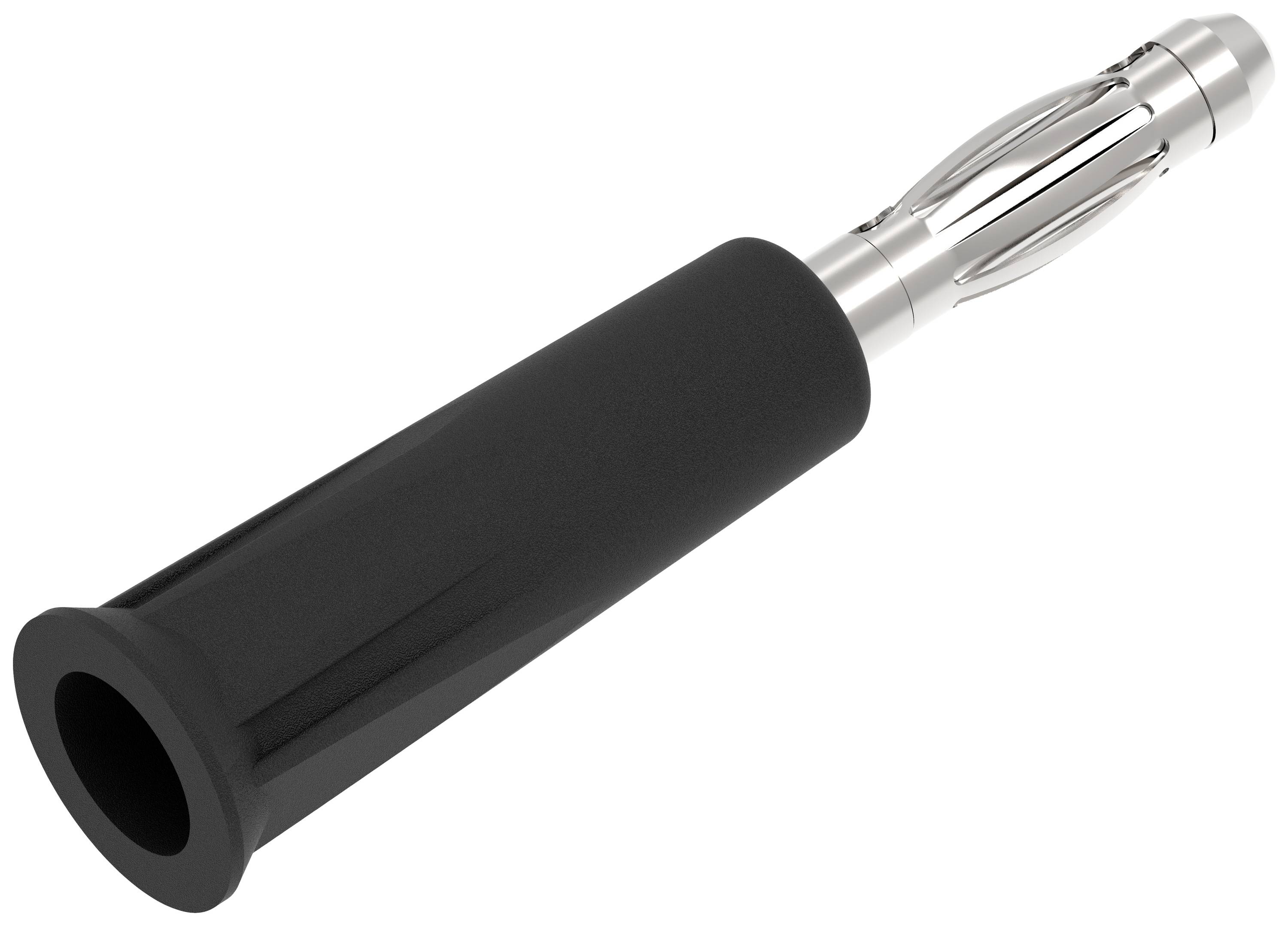 Ein schwarzer Griff mit einem metallischen Einsatz. Könnte ein Teil eines Werkzeugs oder Geräts sein; Details des Einsatzes sichtbar.