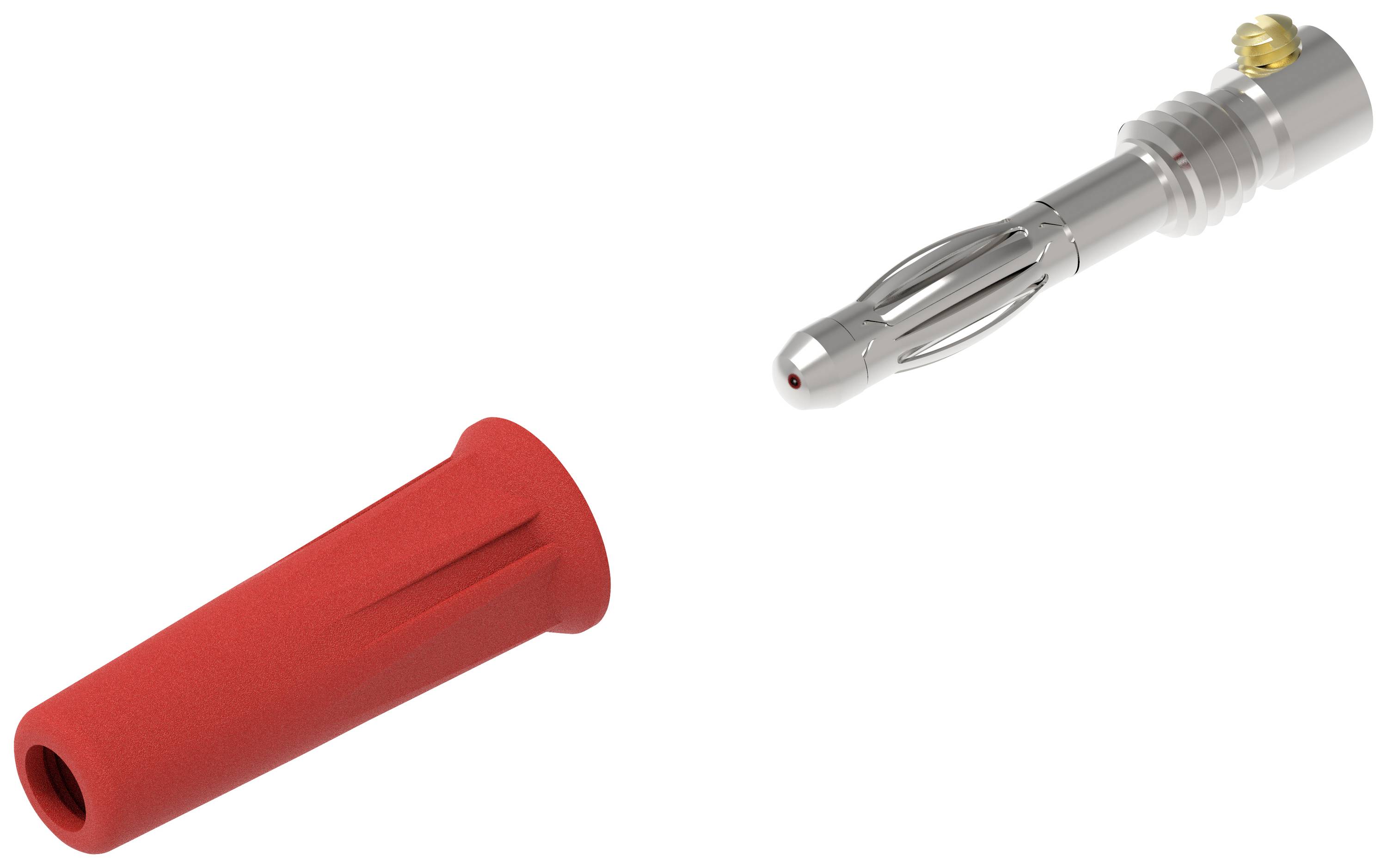 Ein roter Bananenstecker und eine metallische Buchse nebeneinander. Der Stecker dient zur elektrischen Verbindung und Isolation.
