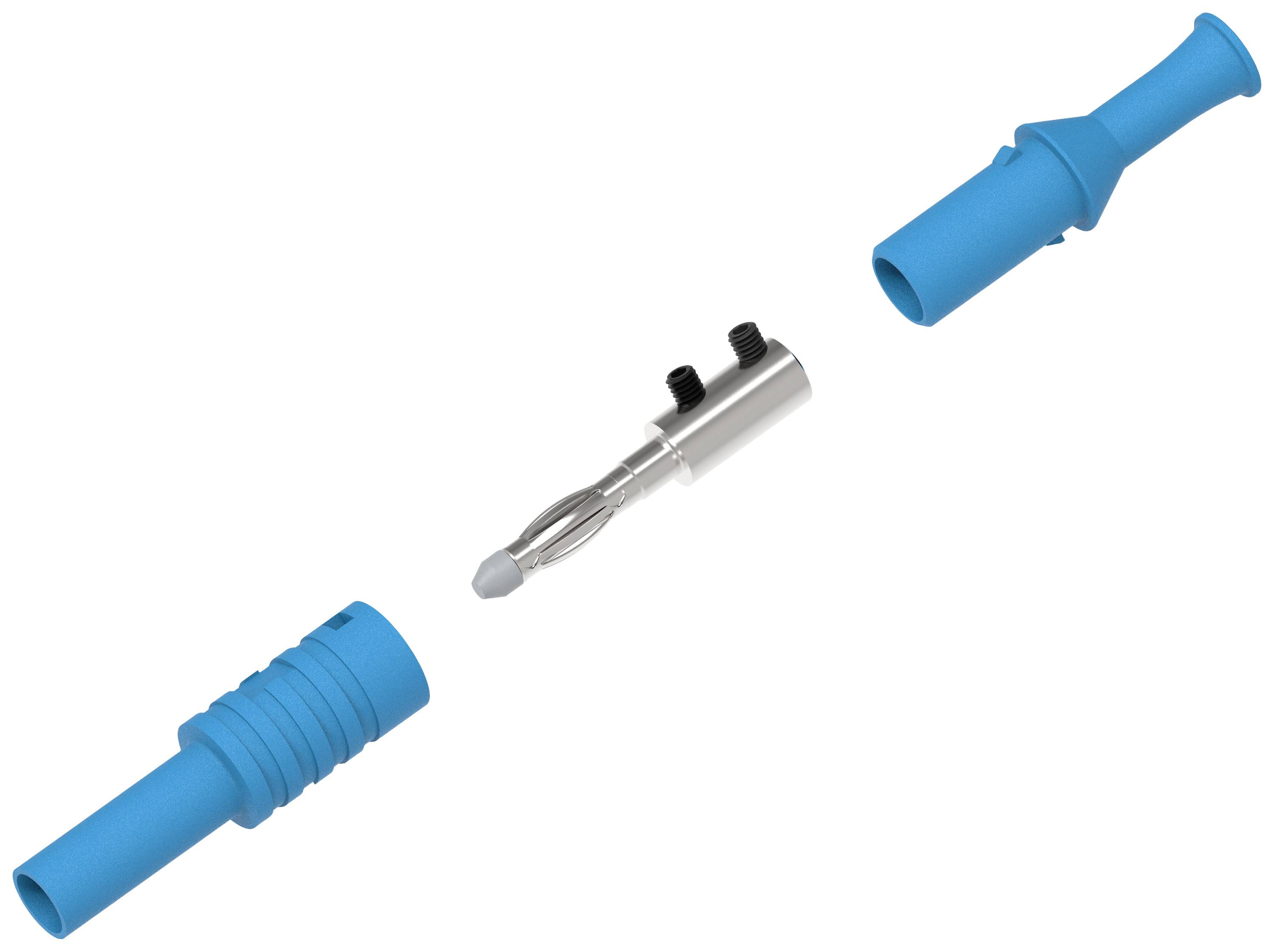 Elektrischer Steckverbinder zerlegt in seine Einzelteile: zwei blaue Kunststoffkomponenten und ein metallischer Stift in der Mitte.