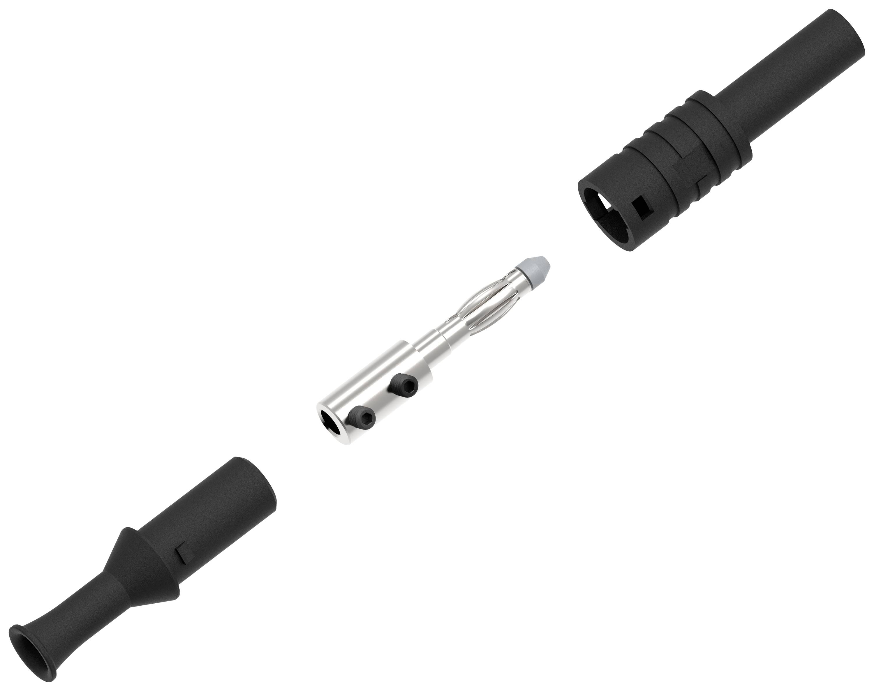 Steckverbinder-Bauteile: zwei schwarze Außenhülsen und ein silberner Kontaktstift in der Mitte isoliert dargestellt.