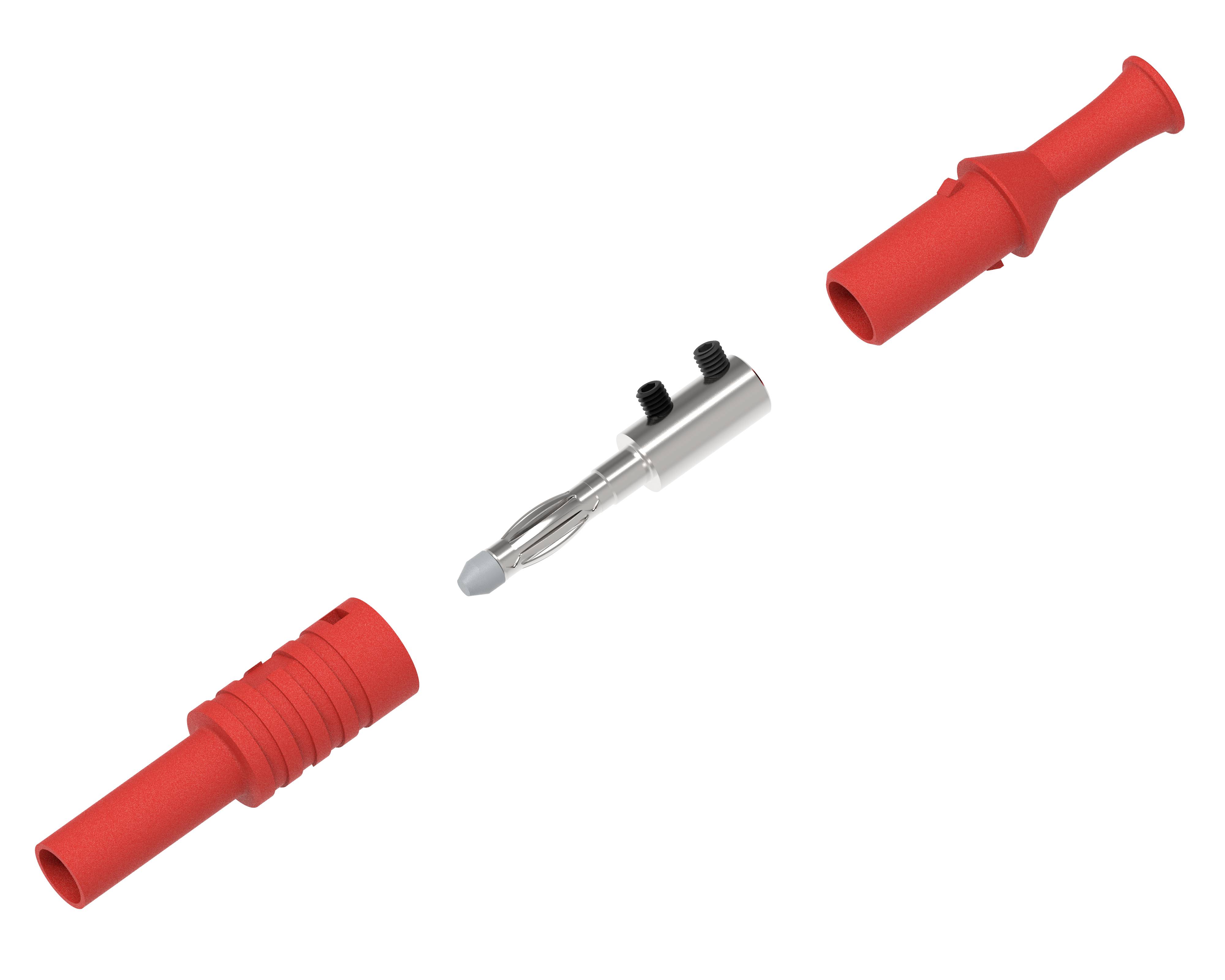Zerlegter roter Stecker in drei Teile: Spitze mit Metallanschluss, mittleres rotes Gehäuseteil und hinteres Gehäuseteil.