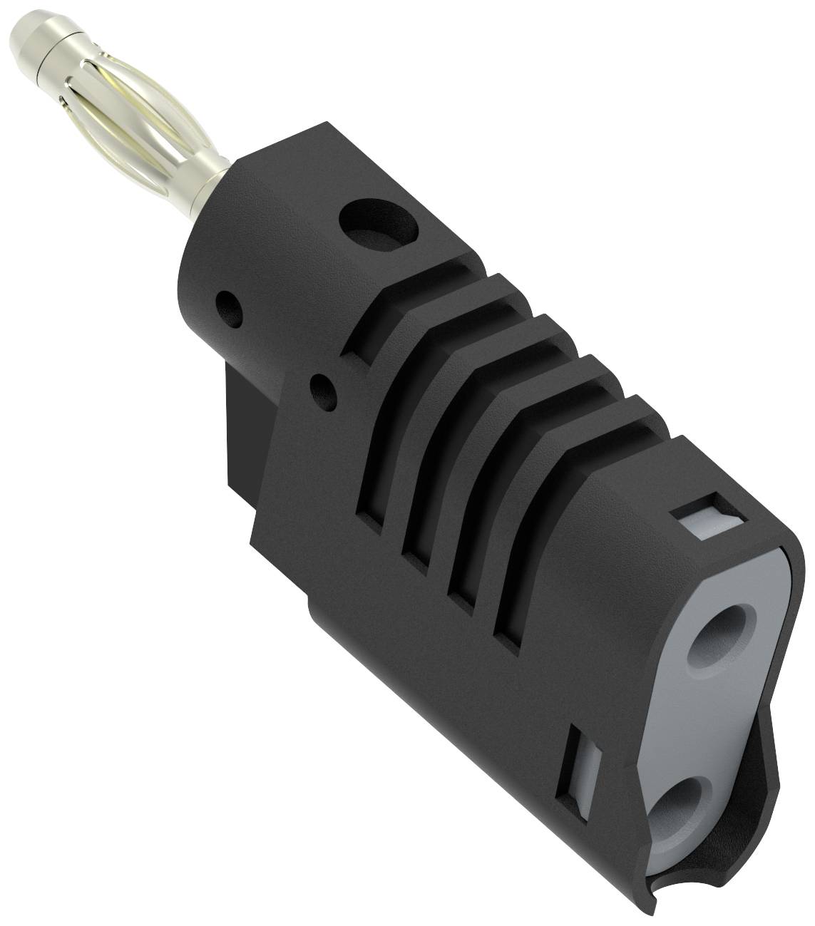 Steckeradapter mit schwarzem Gehäuse, metallischem Kontakt, rechteckiger Grundform und seitlichen Lüftungsschlitzen.
