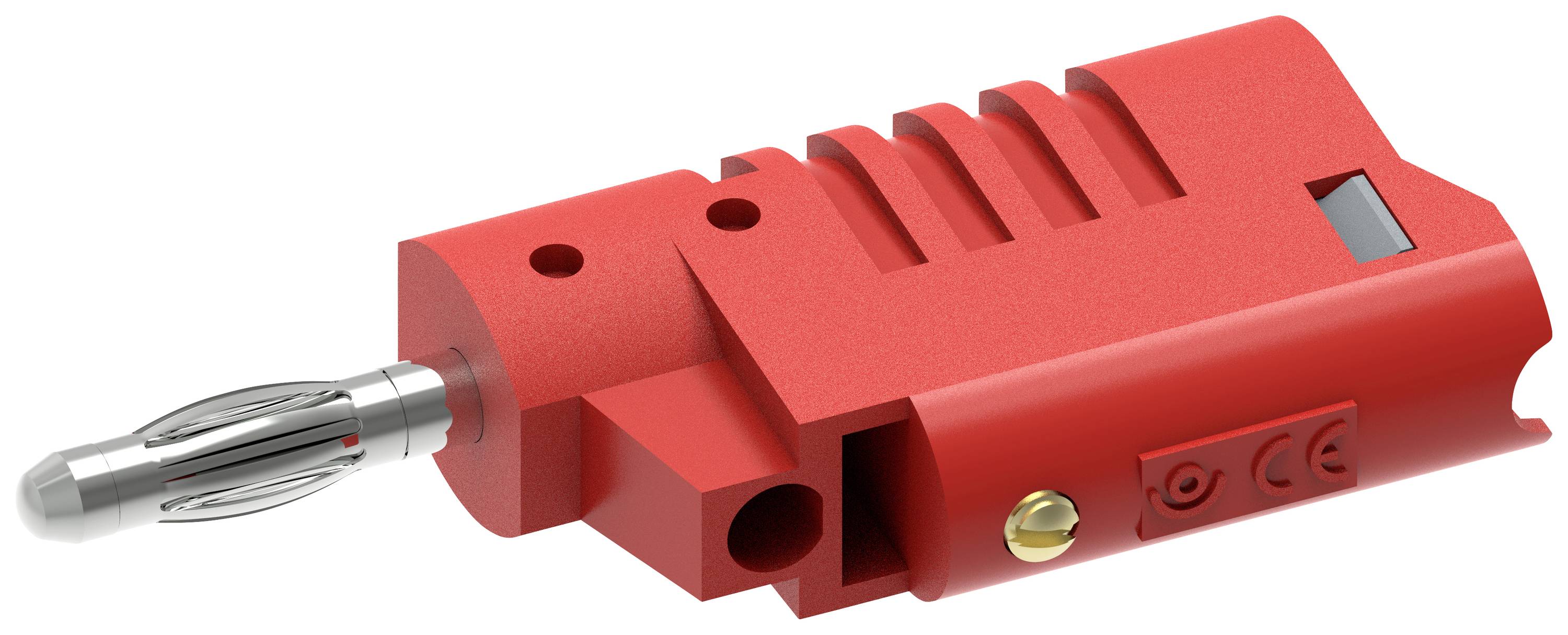 Roter Sicherheitsstecker mit Metallspitze und Kerben am Körper für optimalen Halt, geeignet für elektrische Verbindungen.