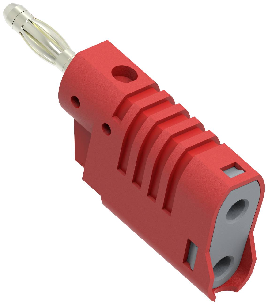 Rotes Lautsprecherkabelsteckergehäuse mit zwei Öffnungen und metallischer Spitze, verwendet zum Anschluss an Audiogeräte.