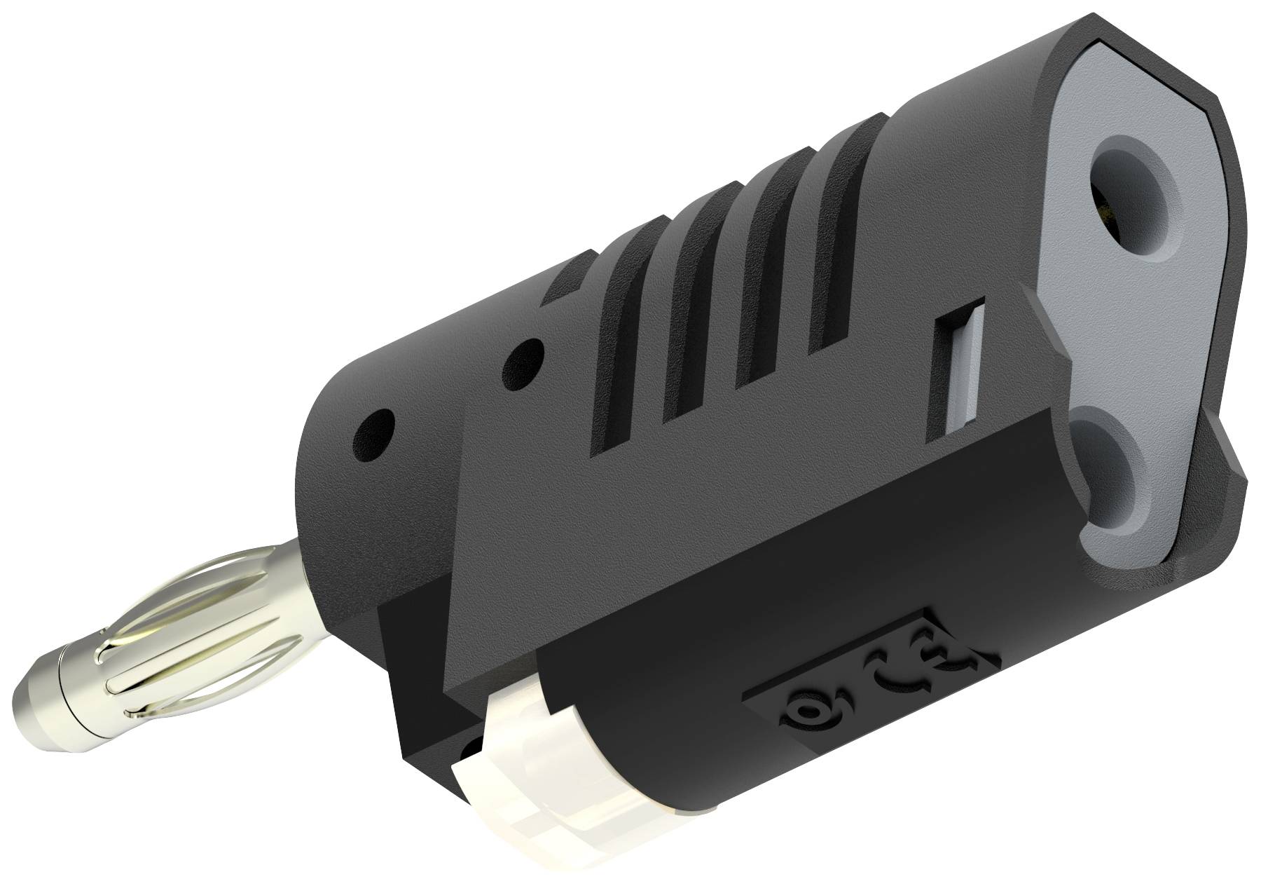 Ein schwarzer elektrischer Stecker mit einem runden Metallstift und zwei Buchsen, möglicherweise für Audiogeräte gedacht.