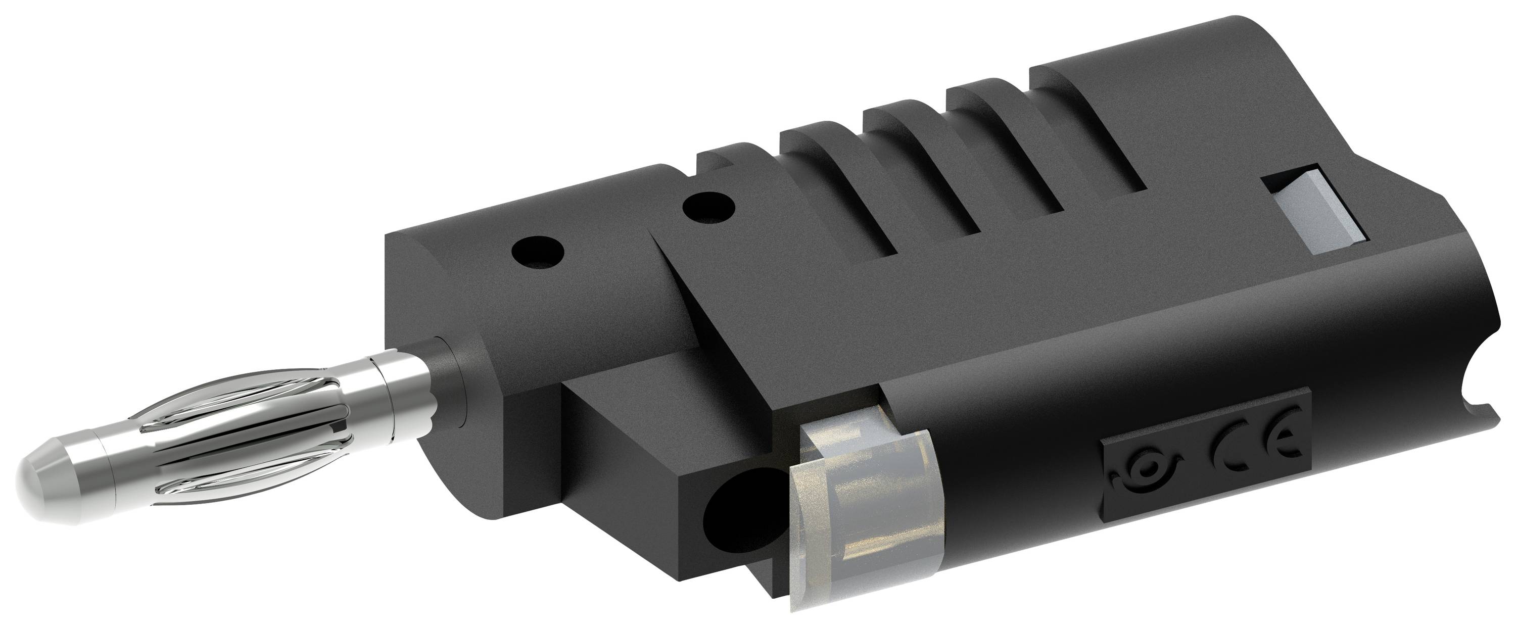 Stecker mit schwarzem Gehäuse und verchromtem Kontaktstift, geeignet für Audio- oder Elektrokabelverbindungen.