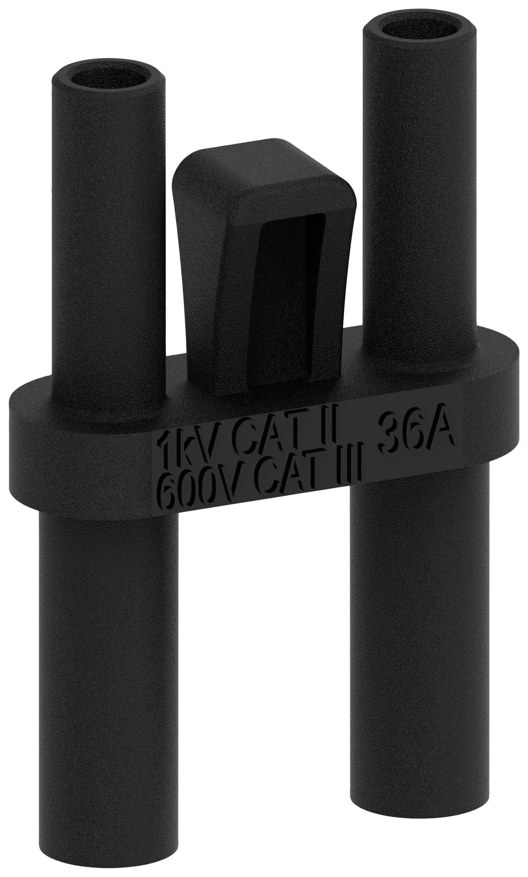 Elektrisches Prüfgerät, Adapter mit zwei schwarzen Steckanschlüssen und einer Brücke. Beschriftung: '1kV CAT II 600V CAT III 36A'.