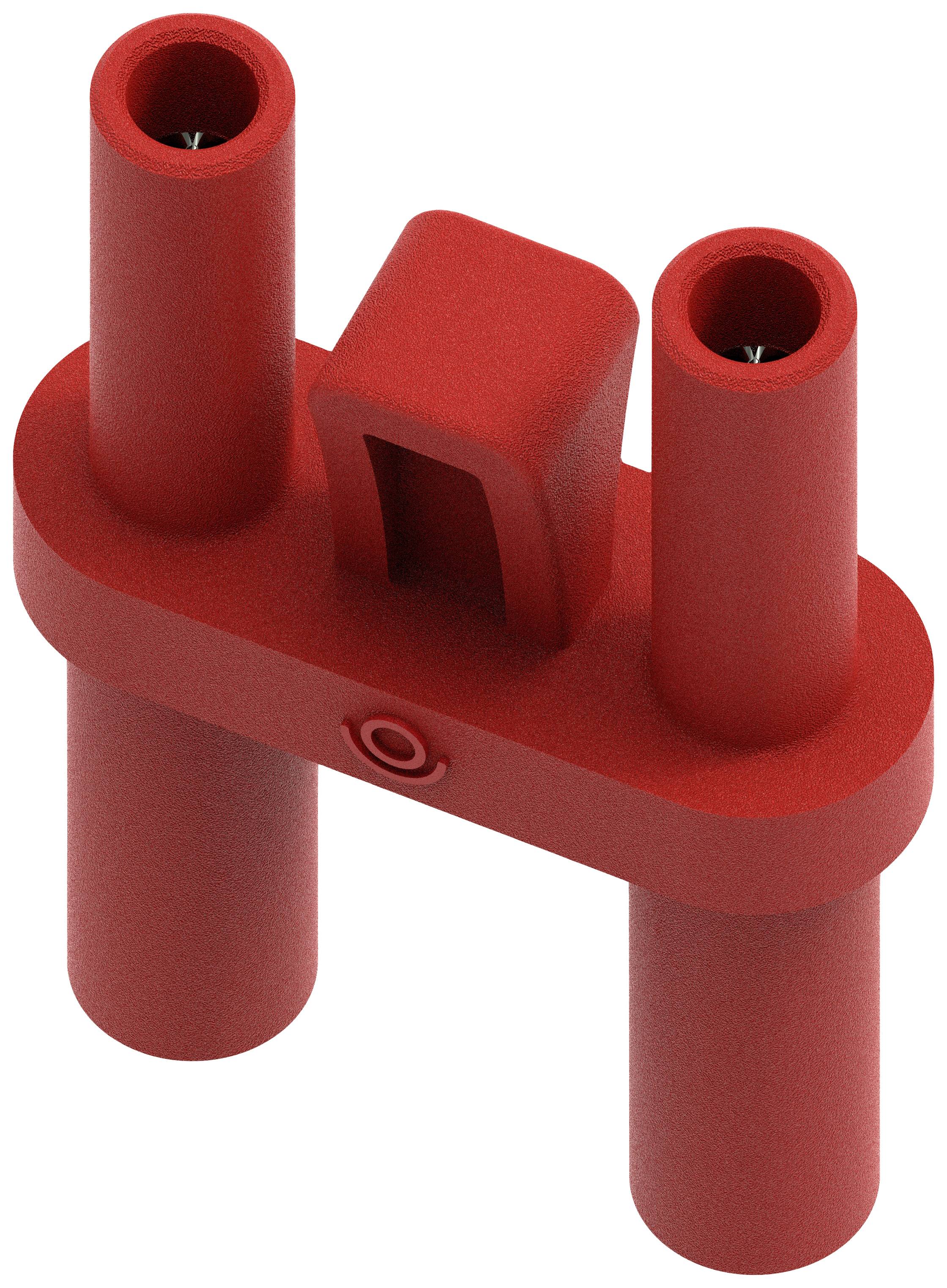 Rote Kunststoffklammer mit vier Röhren, davon zwei offene Enden nach oben zeigend, auf einer ovalen Basis. Verwendet im Modellbau.