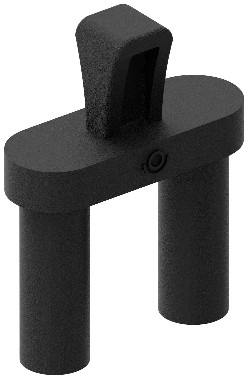 Schwarzer, zweibeiniger Abstandshalter mit einem zentralen Griff oben, zur Verwendung in Montage- oder Bauprojekten.